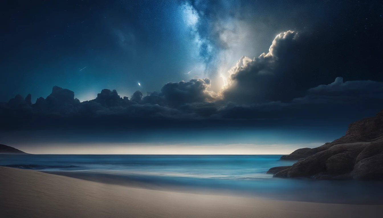 huge planet, the night, starrysky, surrealism, masutepiece, hight resolution、Impressive Milky Way:1.9、sand beach、Vast blue ocean、Blue Waves、Blue glacier、lightning bolt:1.9、Protoplanets、pure beauty