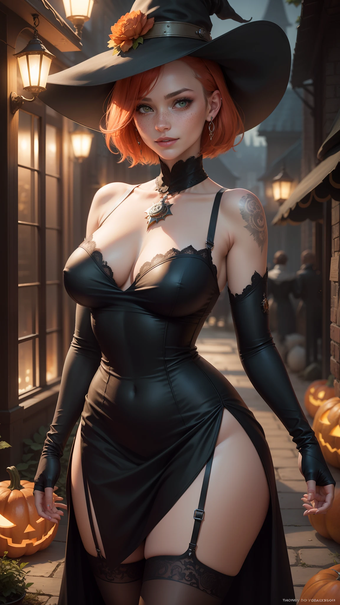 gwen tennyson,tracer,yorha 2b,rebecca chambers,nier automata,close up,magic spells,solo girl,moonlight,bodycon dress,halloween forest,garter belt, victorian steampunk skirt,pirate corset,jade neck jewelry,witch hat,short hair,silver earrings,night gown,pumpkin village, gothic makeup, green eyes,orange hair,shy smile, freckles,redhead,beautiful girl,large breasts,ultra detailed,realistic,fantasy art,