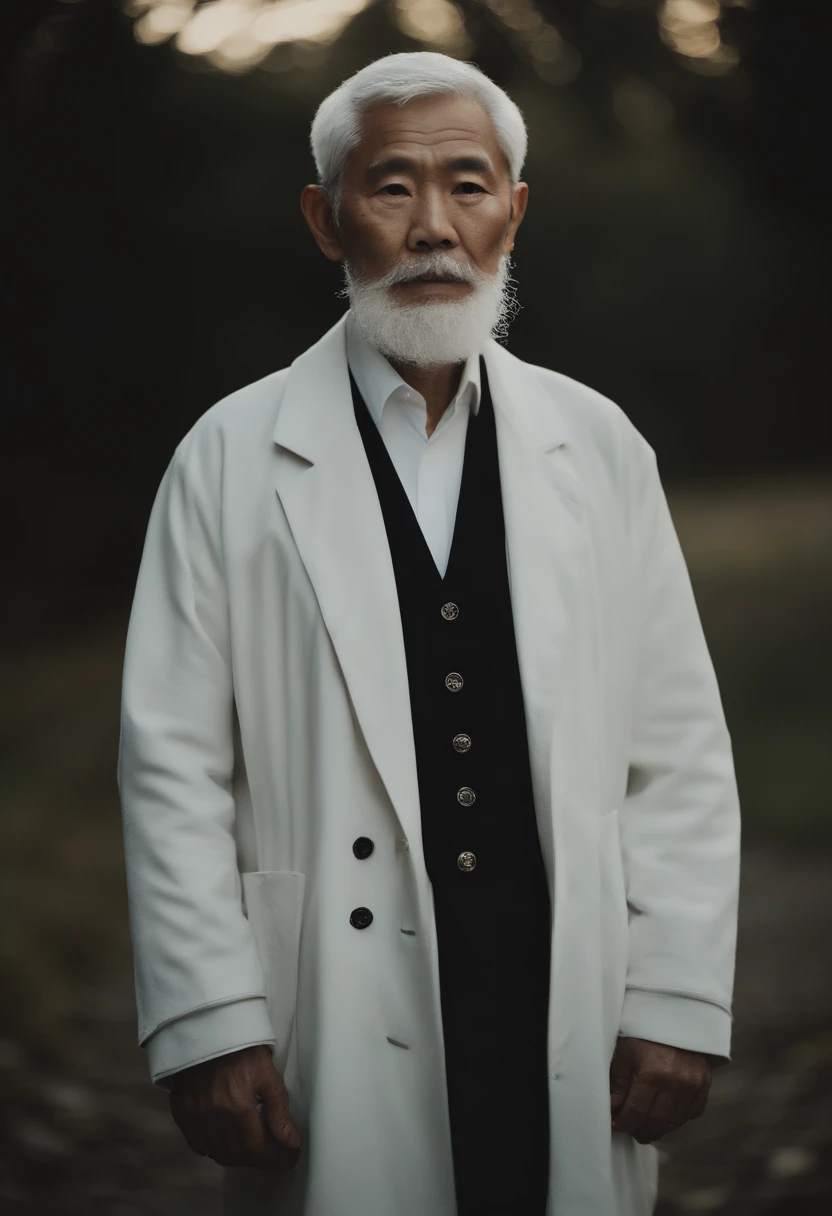 Cinematic portrait , Portrait of a father,Look at the viewer,An elderly Asian man,old man,Single single image,Thin and thin, (80 years:1.1), (shaved pubic hair:1.2), (very short white hair,A little curly:1.5),(Long beard:1.6).Dark coat,Minimalist background, Own composition, detalhe poderoso, Bright light,the soft light。