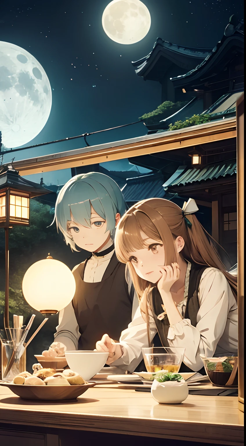 Basia Tran, Kate Greenaway, A E Marty, Japanese Anime, Surreal Mysterious Weird Fantastic Fantasy Sci-Fi, Cafe, Moon Eating Parfait, The Moon also likes sweets, detailed, high resolution definition best quality masterpiece