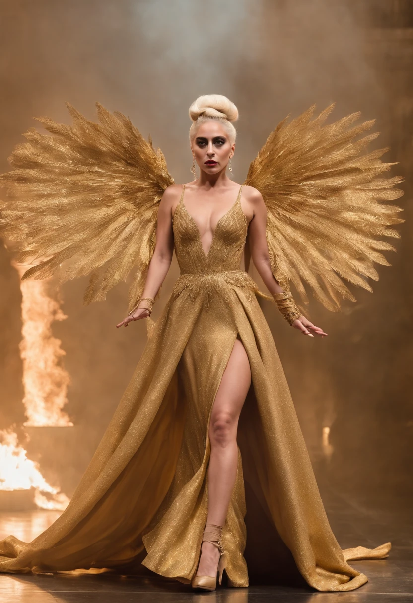 Lady Gaga wearing stunning clothes by Alexander McQueen, golden, full body picture, agressive look, gothic