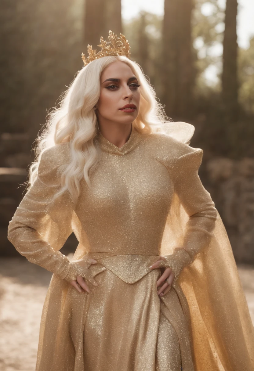 Lady Gaga wearing stunning clothes by Alexander McQueen, golden, full body picture, agressive look, gothic