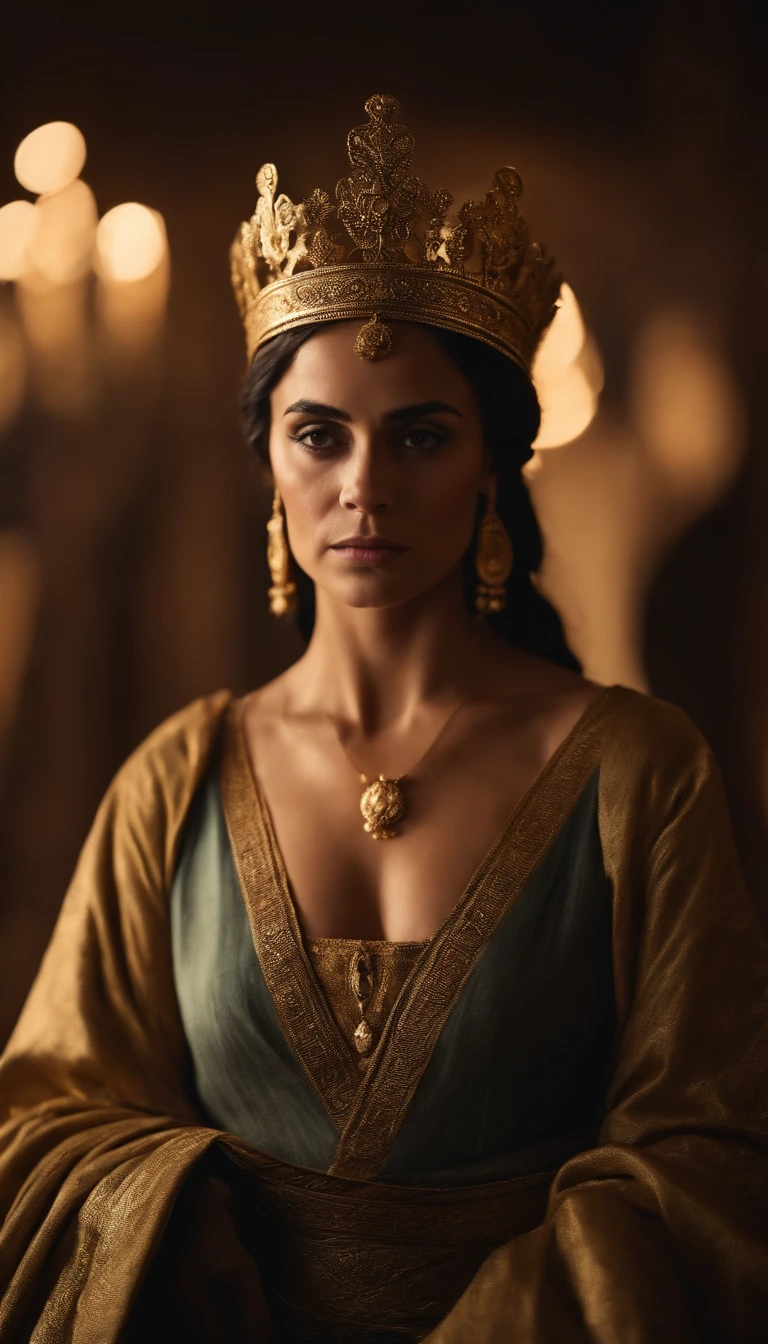 Uma rainha, usando uma coroa dourada. de cabelos castanhos, Ancient Robes. ela esta com um garoto no colo .