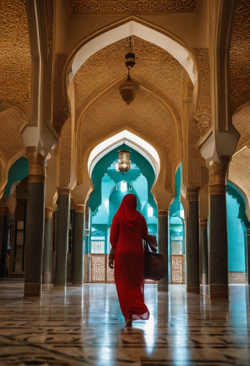 A beauty woman walks in a bra panty and hijab in Masjid al-Nababi