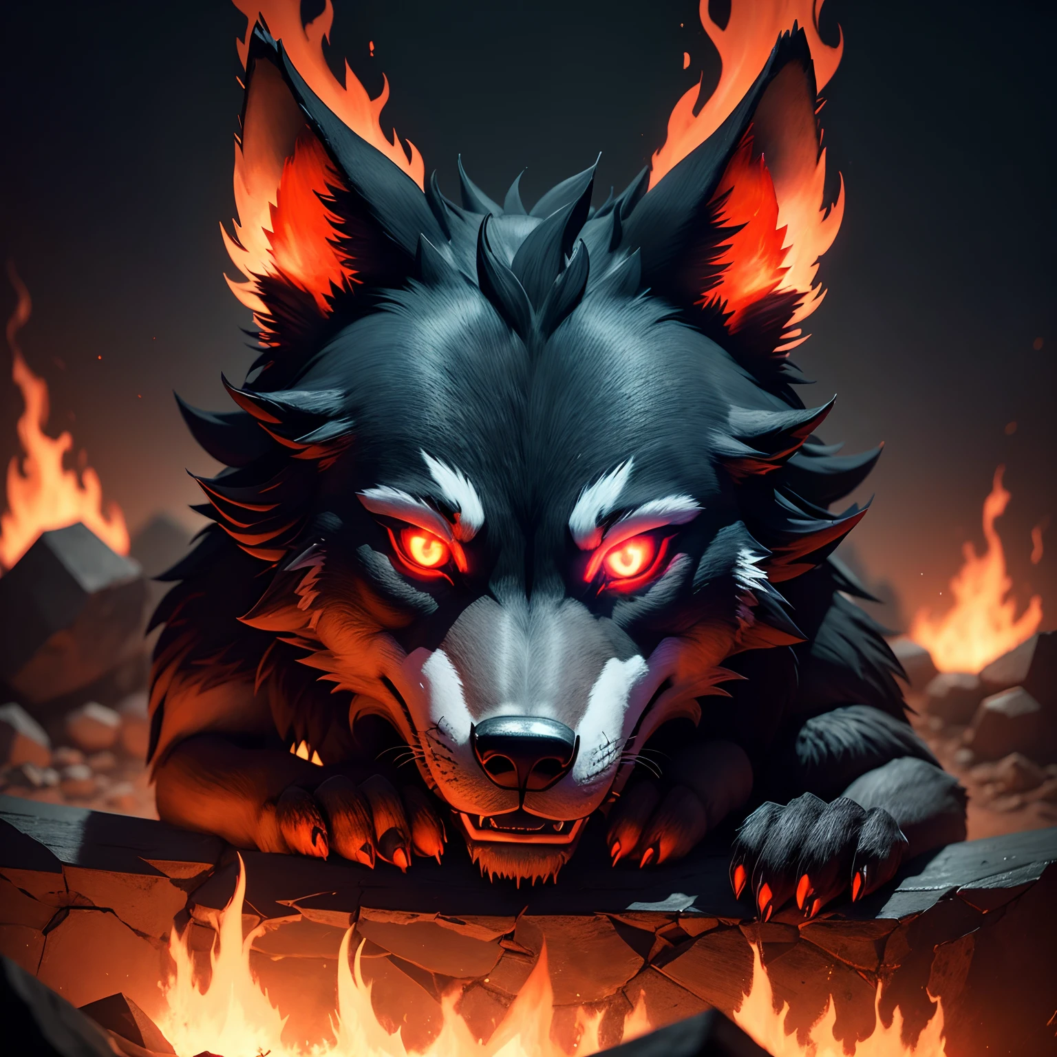 A wolf animatronic with glowing red eyes holding onto a ledge with a raging fire below.