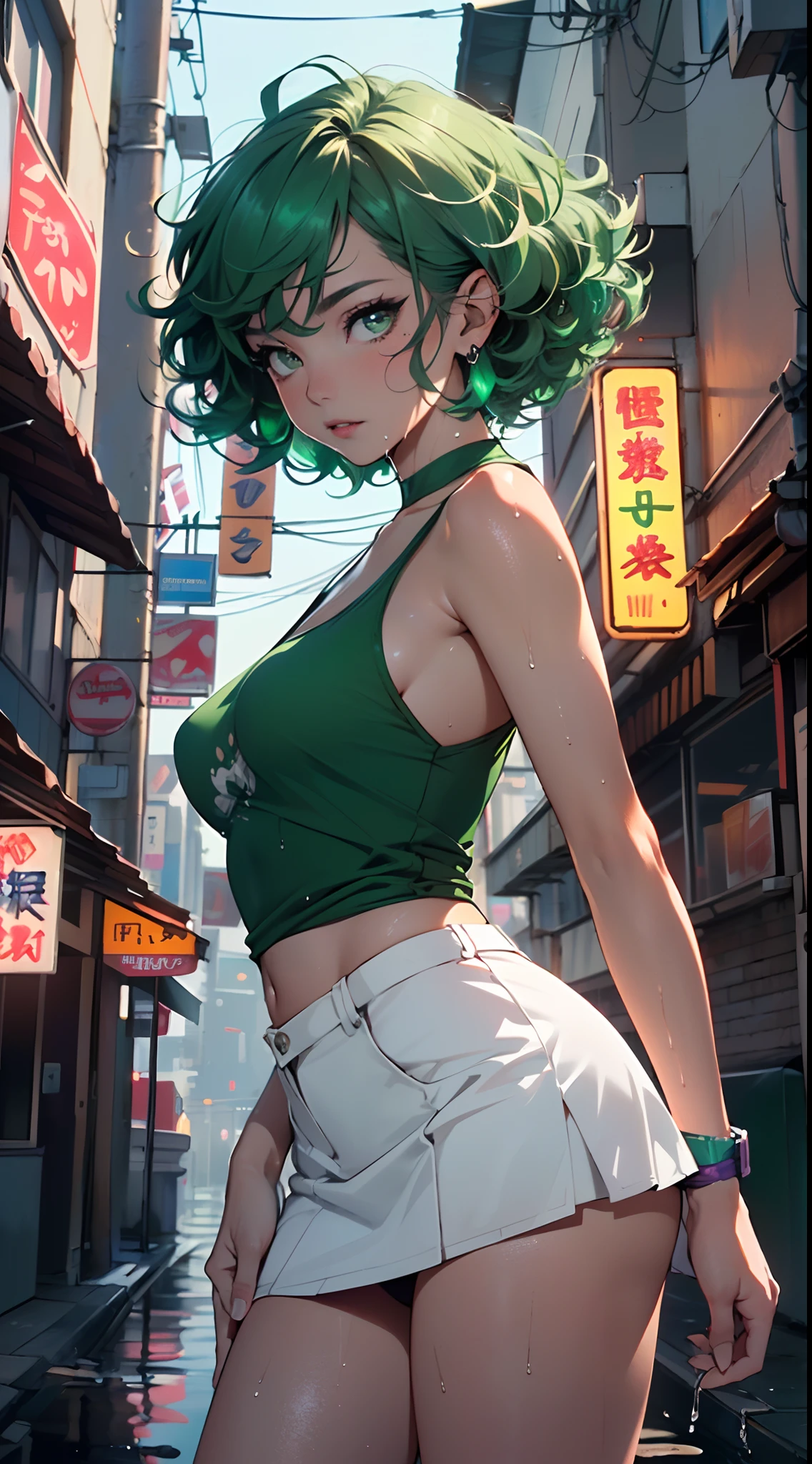 girl youtuber,(((1girl))),((extremely cute and beautiful green curly-haired girl)),
(short breasts:1.4),big butt,(((green curly hair:1.35,very curly hair,colored inner hair,ear breathing,short hair))),(((green_eyes:1.3))),intricate eyes,beautiful detailed eyes,symmetrical eyes,big eyes:1.3,((fat)),(((lustrous skin:1.5,bright skin: 1.5,skin tanned,shiny skin,very shiny skin,shiny body,plastic glitter skin,exaggerated shiny skin,illuminated skin,wet legs))),detailed body,(detailed face),
cute,slutty,seductive,erotic,(((nsfw))),
zettai ryouiki,revealing clothing,show skin,((rave mini-skirt,visible thong straps,white loose tank top with an anime art print)),((wet clothes,intricate outfit,intricate clothes)),
(dynamic pose:1.0),embarrassed,(centered,scale to fit dimensions,Rule of thirds),
cyberpunk city by the ocean at night, with bright neon signs and dark stormy clouds and puddles, scenery:1.25,
artistic photography,(photography taken by sldr),highres, sharp focus, (ultra detailed, extremely detailed), (photorealistic artwork:1.37),(extremely detailed CG unity 8k wallpaper),((synthwave background theme)),(((vibrant colors))),(intricate background),(masterpiece),(best quality),