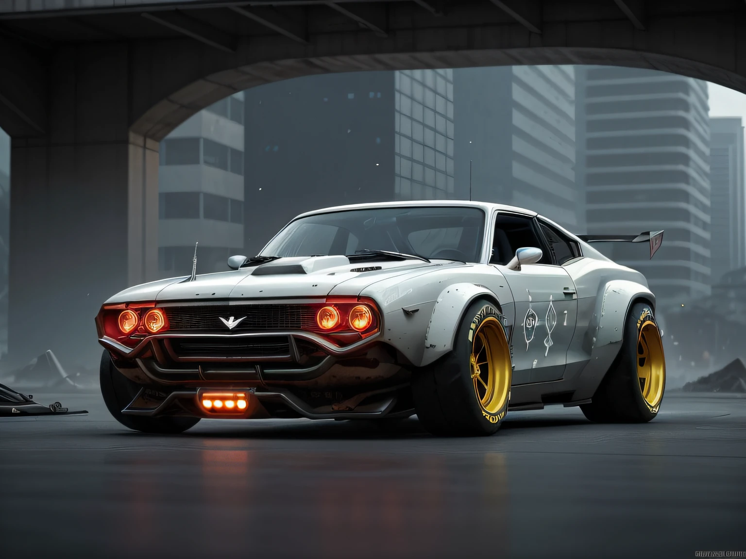 a 3/4 front view of ((futuristic cyberpunk hotrod zeekars)) (with glowing tires), at the parking lot,