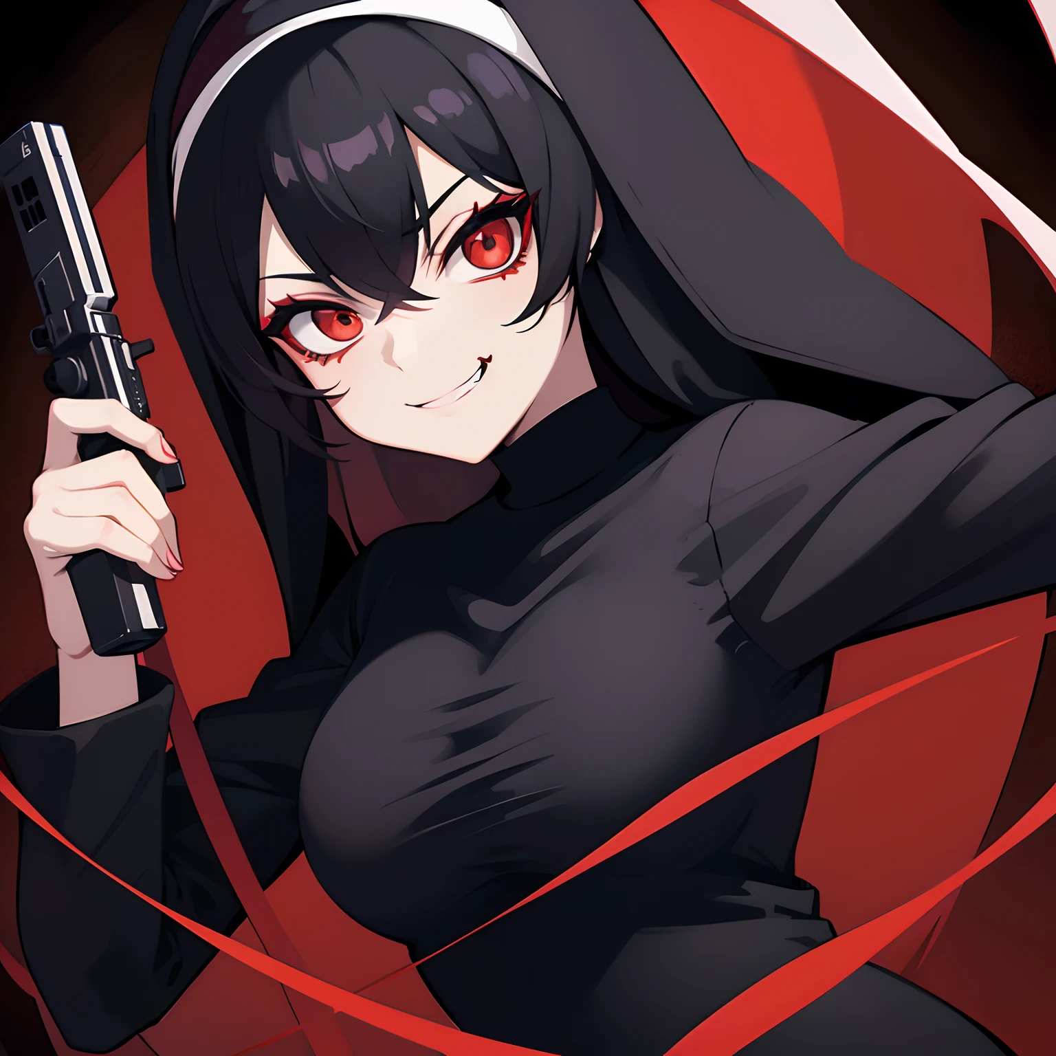 (best quality, anime, cartoon),dark background,portrait,low key lighting,gothic style,color, nun, gun, smirk, smug, looking at viewer, black eyeshadow , black hair, blood red lipstick, eyeliner, action pose, palette: black,red.