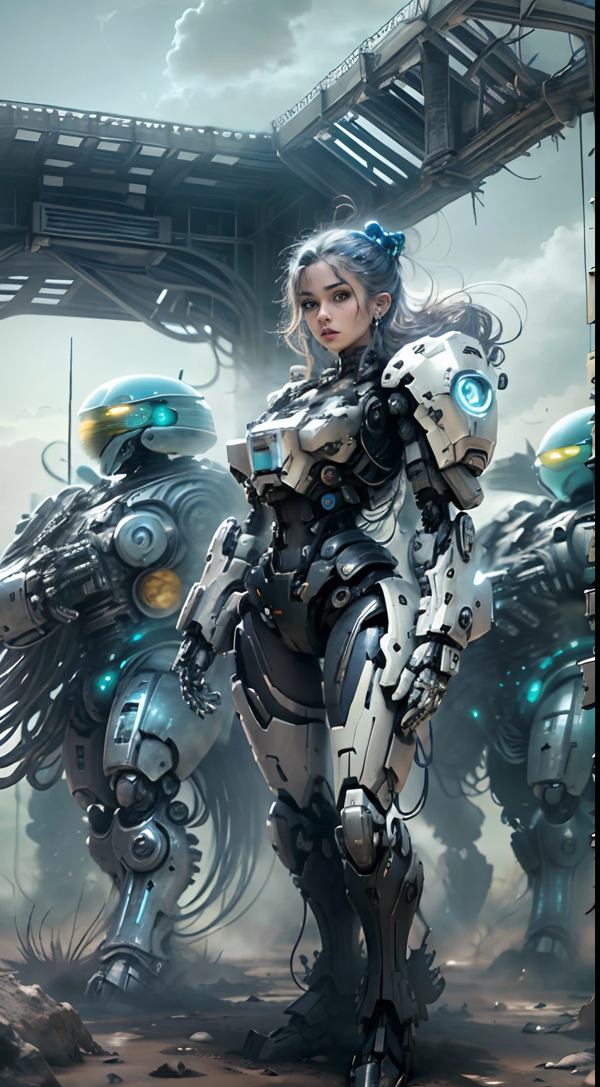 (8k,fotorrealista　Raw photography　calidad superior;1.4) 1 chica Cabello Blanco Soldado estilo pistola en el fondo, Chica en Mech Blanco, Cyberpunk anime chica mecha, Wearing sci-fi military armor, Hermosa chica negro cyborg, Cyborg - Chica de plata, Mech negro de Fira, Eco de Overwatch, Perfecto anime cyborg mujer, Pupilas azules, Cinco dedos, CGhSociety inspirado campo de batalla, alien planet, Alien battle,