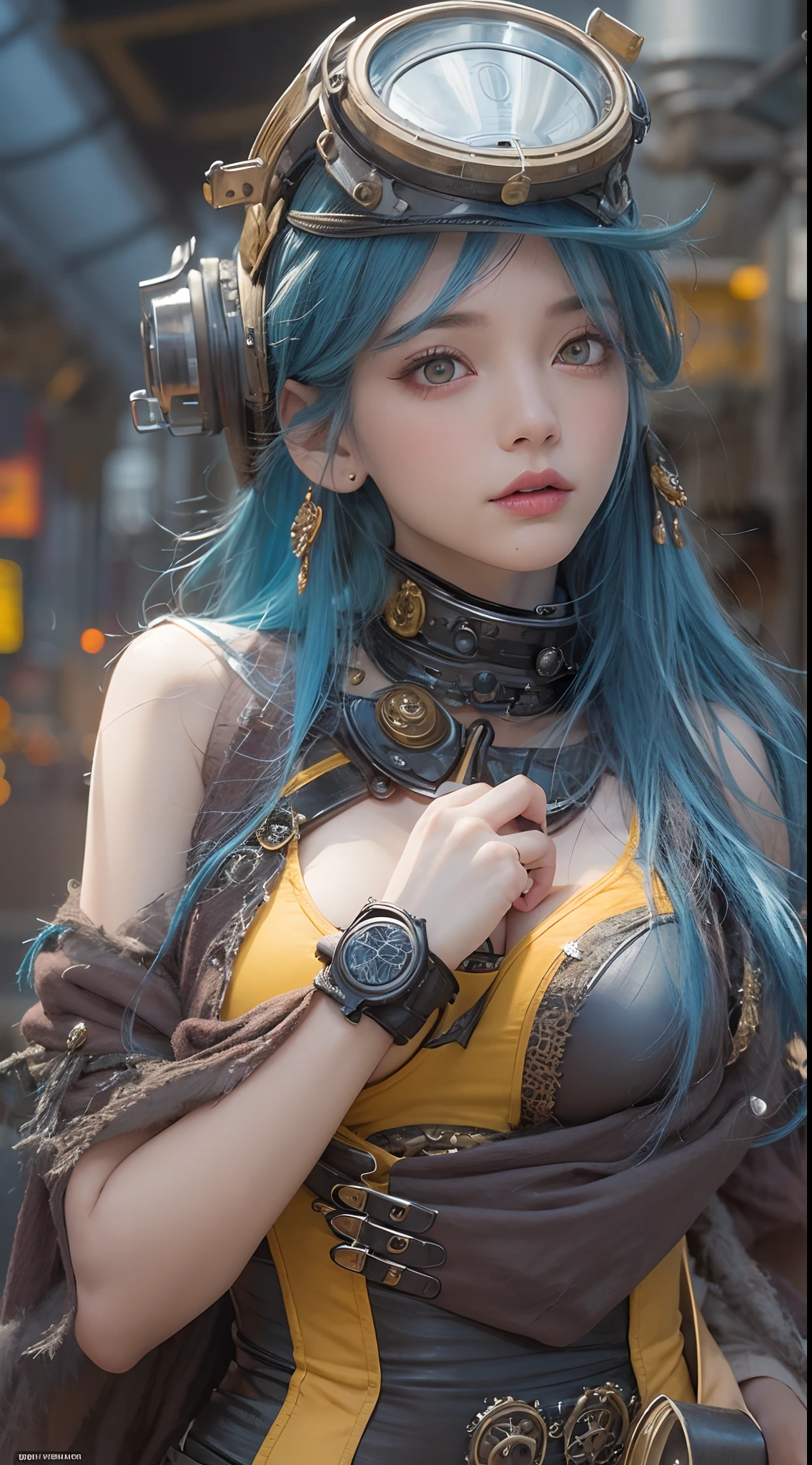 ​masterpiece, 1 beautiful girl, Detailed eye, Swollen eyes, top-quality, 超A high resolution, (reality: 1.4), 电影灯光, very extremely beautiful, Beautiful skins, A slender, Forward-facing body, (A hyper-realistic), (hight resolution), (8K), (ighly detailed), ( Best Illustration), (beautifully detailed eyes), (ultra-detailliert), 详细的脸, Bright lighting, Professional Lighting、the most beautiful and sexy steampunk girl, blue hair, yellow eyes, wearing incredibly detailed post apocalyptic steampunk tactical gear and goggles, huge enormous gigantic tits, cleavage showing, tons of tattoos and piercings, in post apocalypticwasteland, incredibly detailed background, metal fragments blowing in the wind, cinematic, incredibly perfect masterpiece, high quality, high resolution