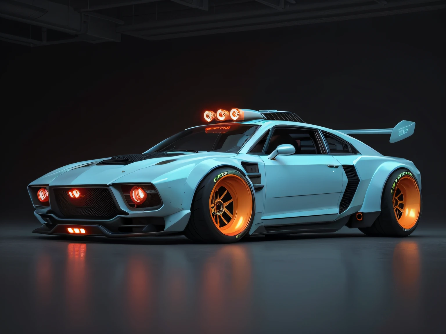 a 3/4 front view of ((futuristic cyberpunk hotrod zeekars)) (with glowing tires), at the parking lot,