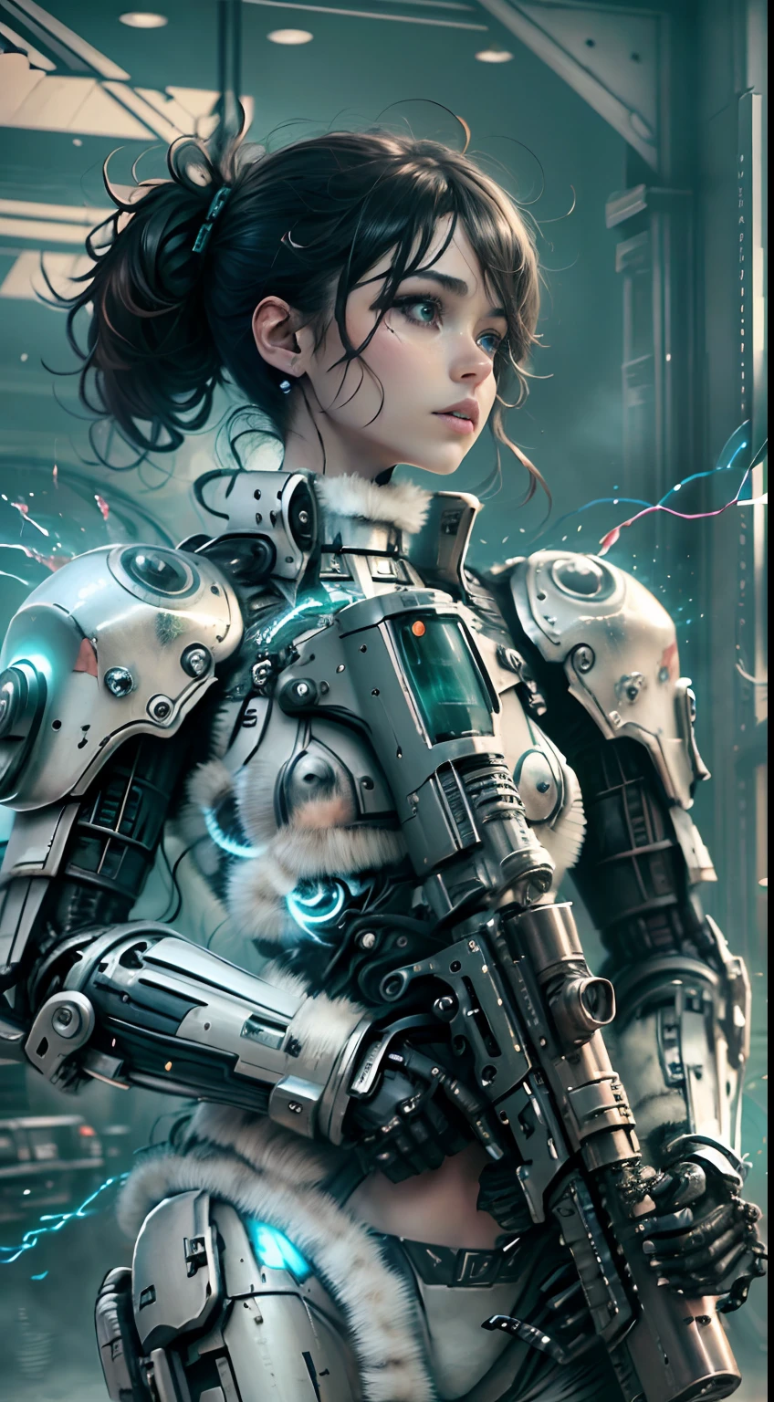 (8k,fotorrealista　Raw photography　calidad superior;1.4) 1 chica Cabello Blanco Soldado estilo pistola en el fondo, Chica en Mech Blanco, Cyberpunk anime chica mecha, Wearing sci-fi military armor, Hermosa chica negro cyborg, Cyborg - Chica de plata, Mech negro de Fira, Eco de Overwatch, Perfecto anime cyborg mujer, Pupilas azules, Cinco dedos, CGhSociety inspirado campo de batalla, alien planet, Alien battle,