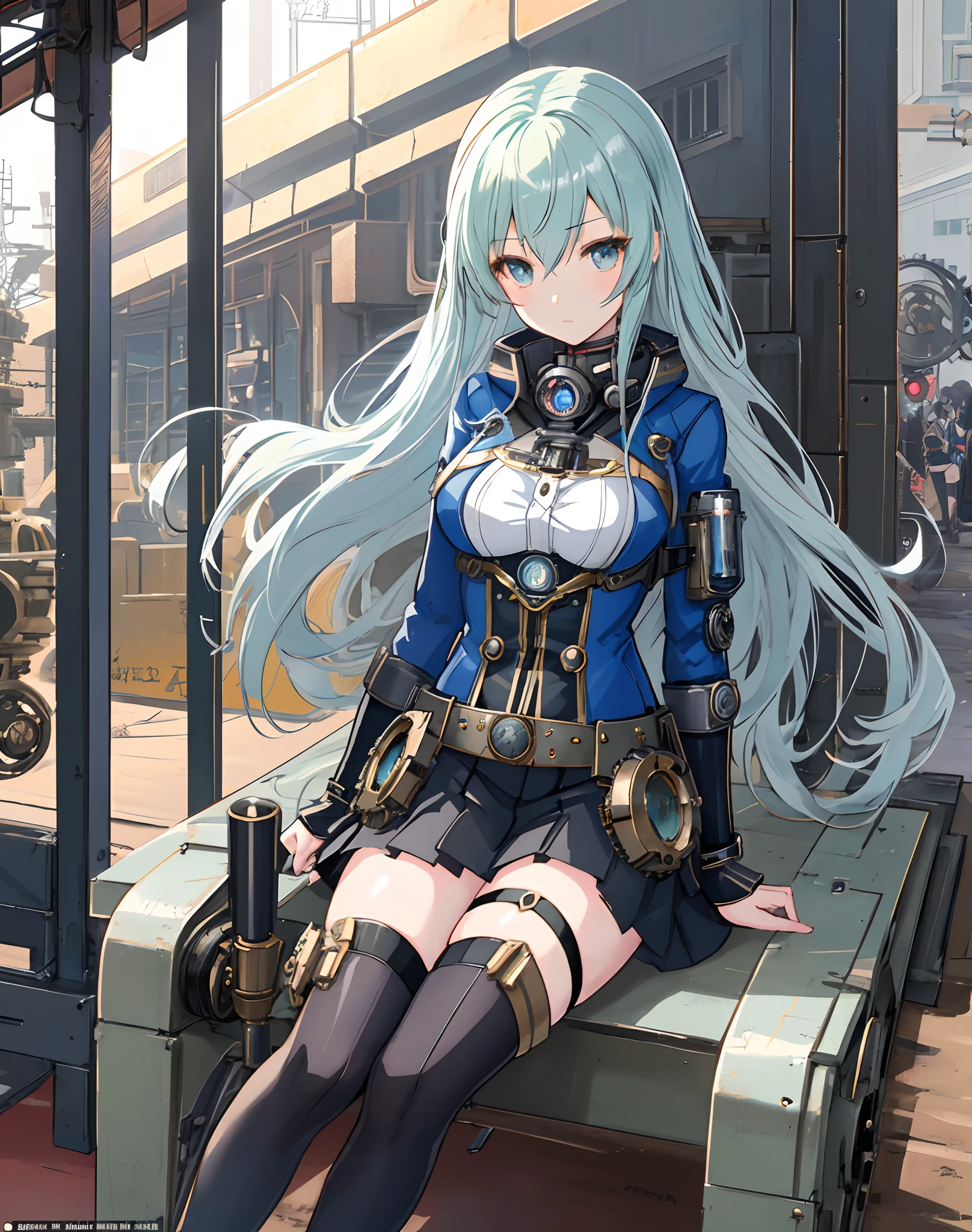 Anime girl sitting on bench，The background is the clock, Mechanized Valkyrie girl, Kantai collection style, mechanized soldier girl, steampunk inventor girl, steampunk beautiful anime woman, rogue anime girl, like lady mechanika, steampunk engineer, alchemist girl, steampunk girl, oilpunk, dieselpunk setting, Fine details. Girl Front, diesel punk female