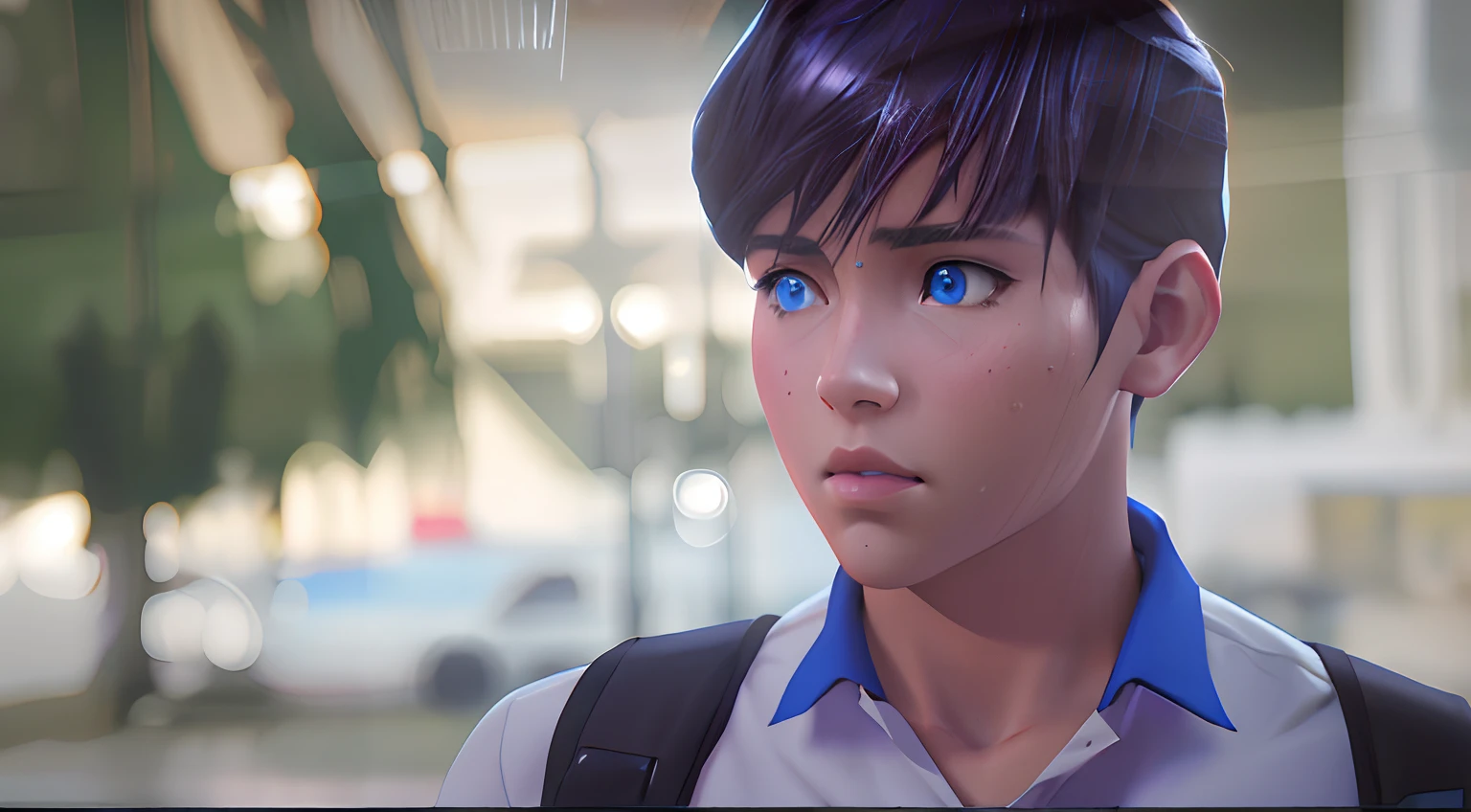 There is a boy with blue eyes and a backpack, Estilo realista de anime 3D, adolescente hiperrealista, Anime 3D realista, Anime fotorrealista, Anime hiperrealista, realistic artistic style, Estilo de arte fotorrealista, Colegiala hiperrealista, realistic anime artstyle, Estilo de realismo de anime, Blue Face Unreal Engine, Una colegiala hiperrealista, realismo artstyle