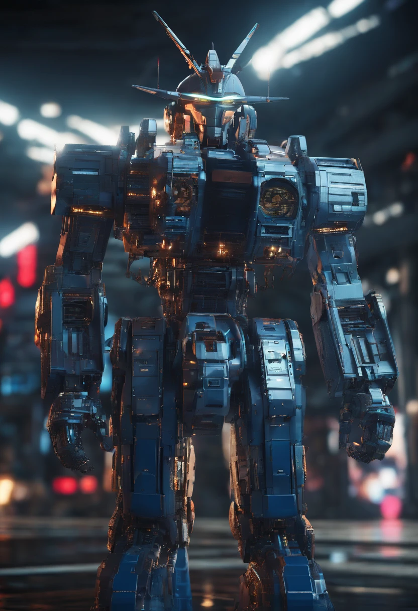 Gundam Mecha , science fiction, Front view, senso de tecnologia, c4d, Renderizador OC, Motor irreal, High detail, desenho industrial, HD 8K, studiolight, retro , cyberpunk