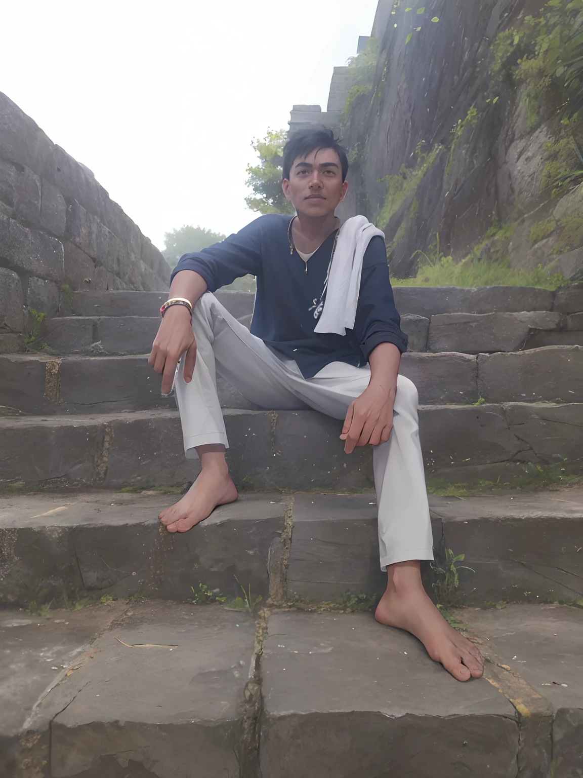 there is a man sitting on the steps of a stone stairway, sitting on temple stairs, very very low quality picture, at an ancient city, sitting on the ground, very artistic pose, candid picture, with a cool pose, connected with hanging bridge!!, with lovely look, cool pose, in front of a temple, at college, sitting under bridge, ayan nag
