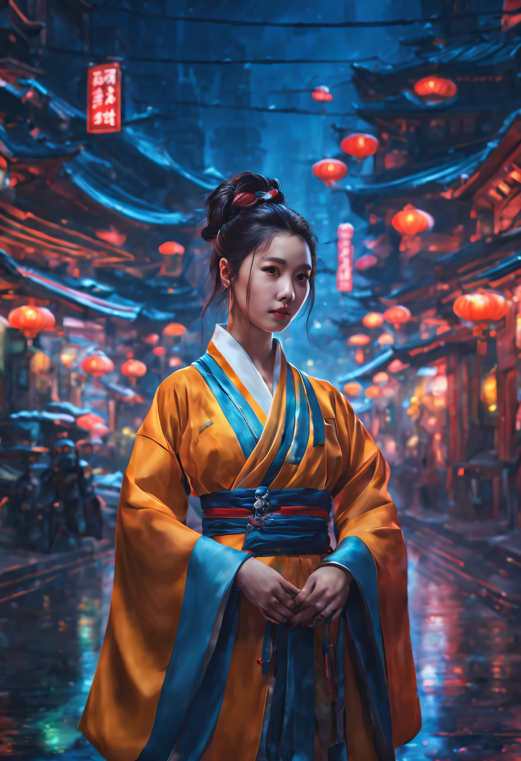 A girl wearing Hanfu, standing on a bustling street, future sci-fi style, vibrant colors, realistic lighting, high-resolution, vivid details, professional artwork, portraits, urban landscape, glowing neon signs, holographic advertisements, flying cars, futuristic architecture