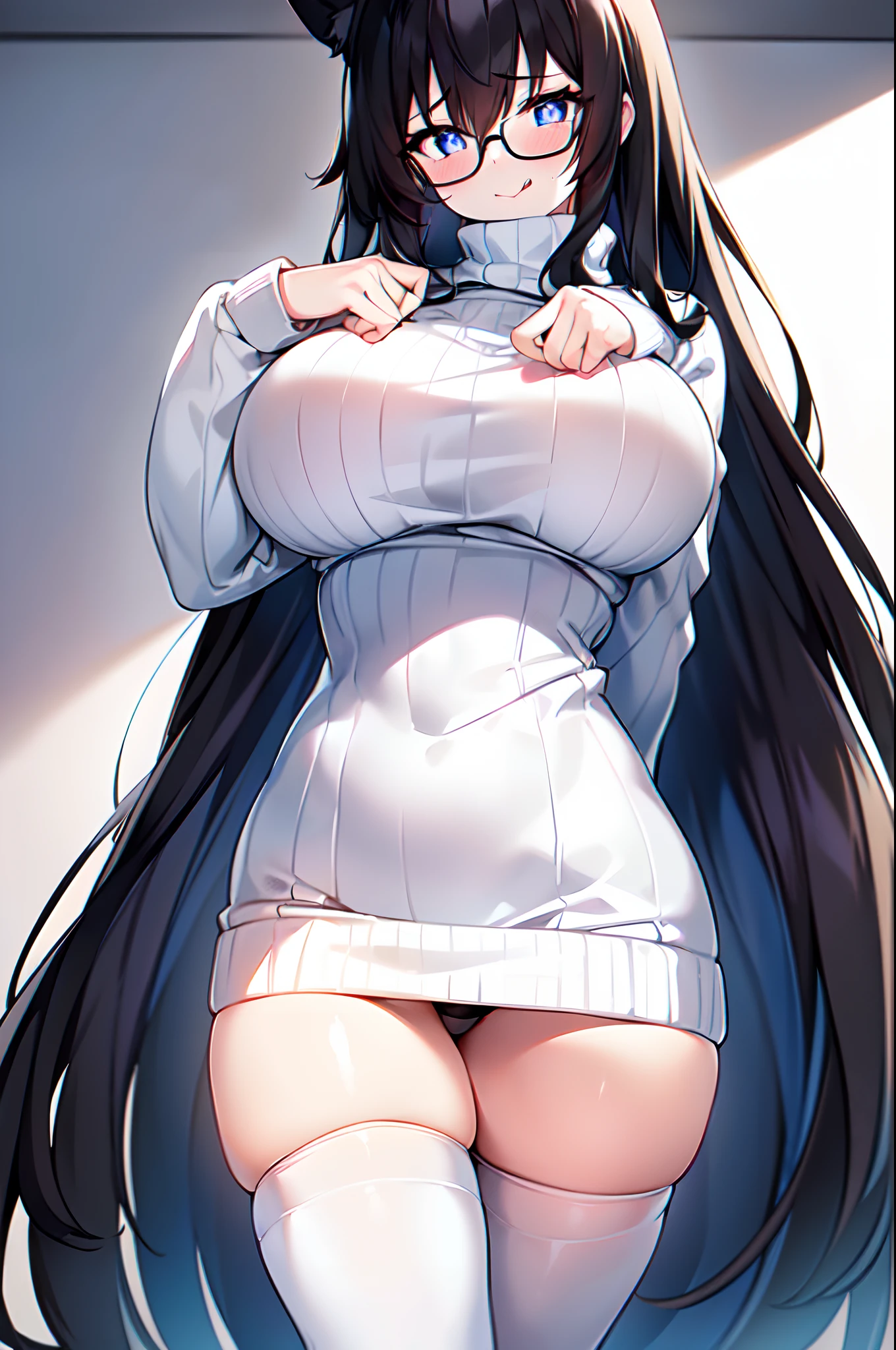 1girl, solo, masterpiece, adult_woman, (((white_knitted_long_sleeved_turtleneck_sweater))), beautiful_detailed_eyes, (blue_eyes), (((heart_shaped_pupils))), smiling, slightly_sticking_tongue_out, sweating, legs_crossed, sitting, (full_face_blushing), (black_cat_ears), (((from_below_perspective))), (black_long_hair), (DD_boobs_size), close_up, (((white_thigh_high_socks))), wearing_black_side_tied_panties, with_BLACK_glasses, attractive_anime_girl, white_background, perfect_hands, perfect_anatomy, full_body, high_resolution, ultra_sharp, 8k