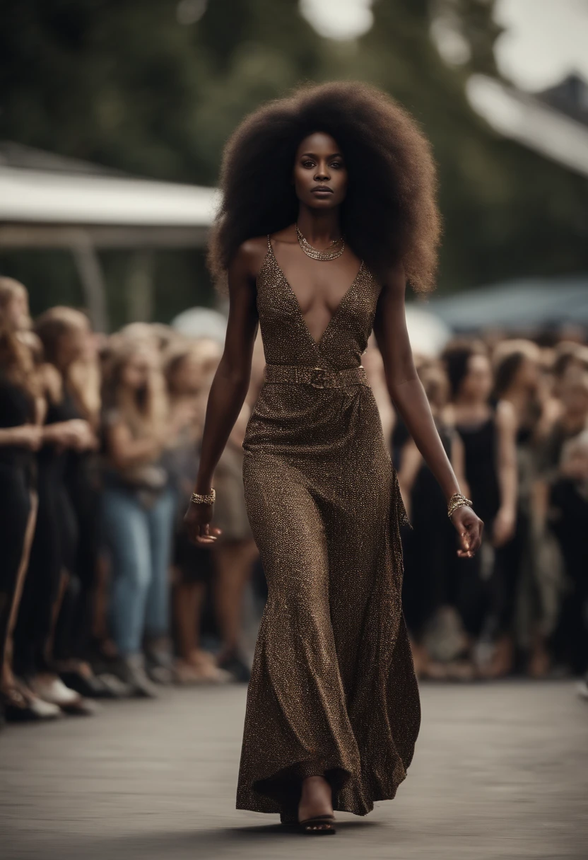 Very beautiful full body woman standing black skin long hair and afro style parading on a fashion runway about 20 years old, foto super realista