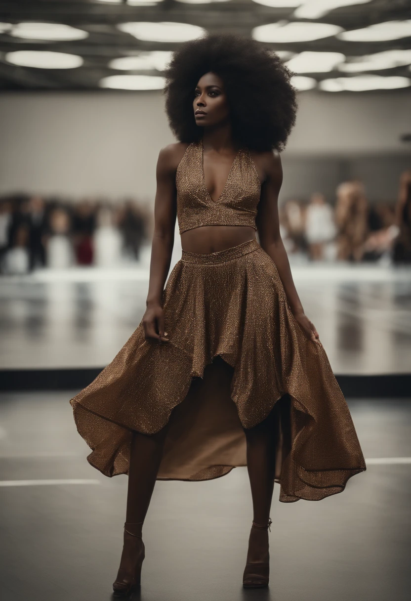 Very beautiful full body woman standing black skin long hair and afro style parading on a fashion runway about 20 years old, foto super realista