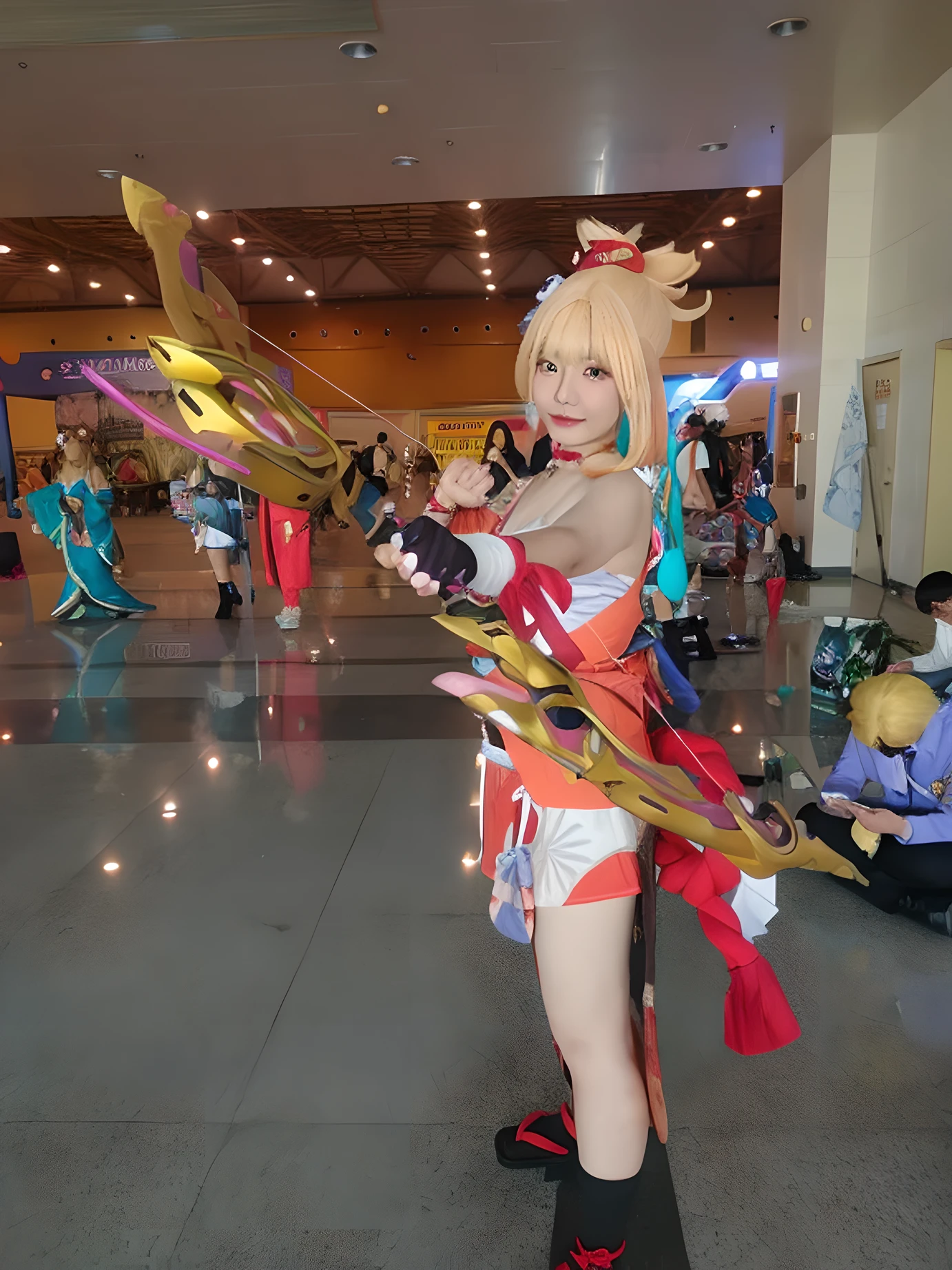 There is a woman in a cosplay costume holding a bow and arrow, rpgmaker, Anime cosplay, Anime girl cosplay, zhongli from genshin impact, cosplay, Ayaka cosplay, Keqing from Genshin Impact, ayaka game genshin impact, professional cosplay, cosplay foto, Ayaka Genshin impact, aqua from konosuba, Shot on Canon EOS R 6