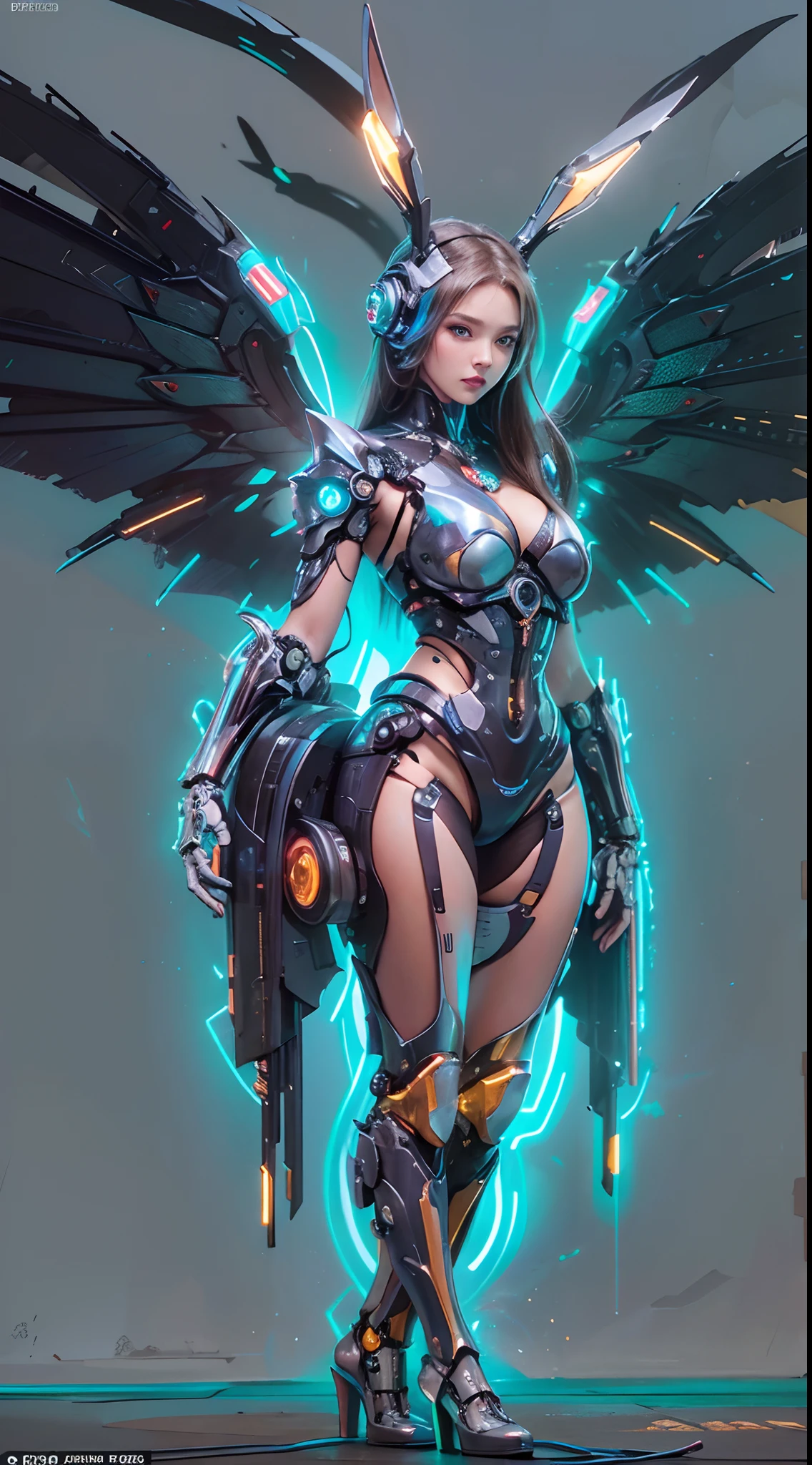 (wide wide shot),(Best quality,A high resolution,Masterpiece:1.2),(Realistic,Photorealistic,photo-realistic:1.37),(Futuristic cyborg),((A pair of huge wings)),Shiny metal skin,(Rabbit ears),(((Mechanical joints and limbs))),(high-heels)。nigth,(facing at camera),standing on your feet,Cyberpunk-city。Vibrant colors,Light trails and neon lights in the background,Science fiction art style.