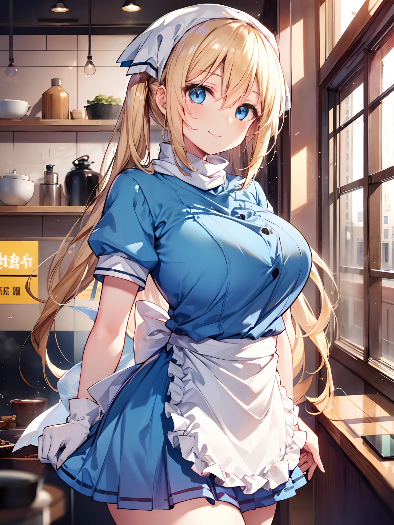 1girl in, (Chiquita:1.2), Kaho Hyuga, a blond, Twin-tailed,  woman samurai, Scarf on the head, frilld, Light blue shirt, Waist apron, Puffy Short Sleeves, blueskirt,  white glove, large boob, white 襟, 

(Close Shot, Best Quality, hight resolution, 4K, Detailed Lighting, Shaders, perfect anatomia, NSFW), 
Looking at Viewer, 

Smile, 
Cafe Background,