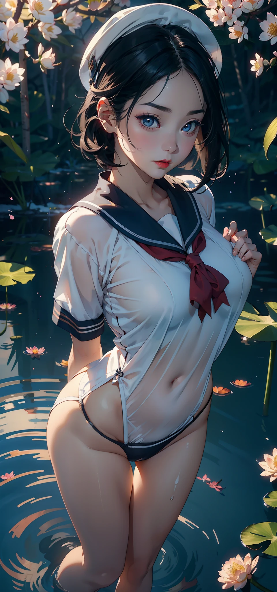 1female,45 yers old,Married Woman,熟妇,plumw,extremely large bosom, 独奏,(Background with:ponds,Cherry blossom forest,lotus flower)Lie underwater, She has short black hair,seen from the front,, mostly cloudy sky,(((tmasterpiece),(Very detailed CG unity 8K wallpaper),best qualtiy,cinmatic lighting,detailed back ground,beatiful detailed eyes,Bright pupils,Black eyes,Snow-whiteskin,Redlip(Very fine and beautiful),(Beautiful and detailed eye description),ultra - detailed,tmasterpiece,))facing at camera,A high resolution,ultra - detailed),revealing breasts,Bare genitalia, Bulge,legs are open,Raised sexy,Camel toes,Desire for dissatisfaction,frontage,Chinese elementary school students(Wearing:校服,Transparent sailor cap,Sailor uniform,Bare ,)