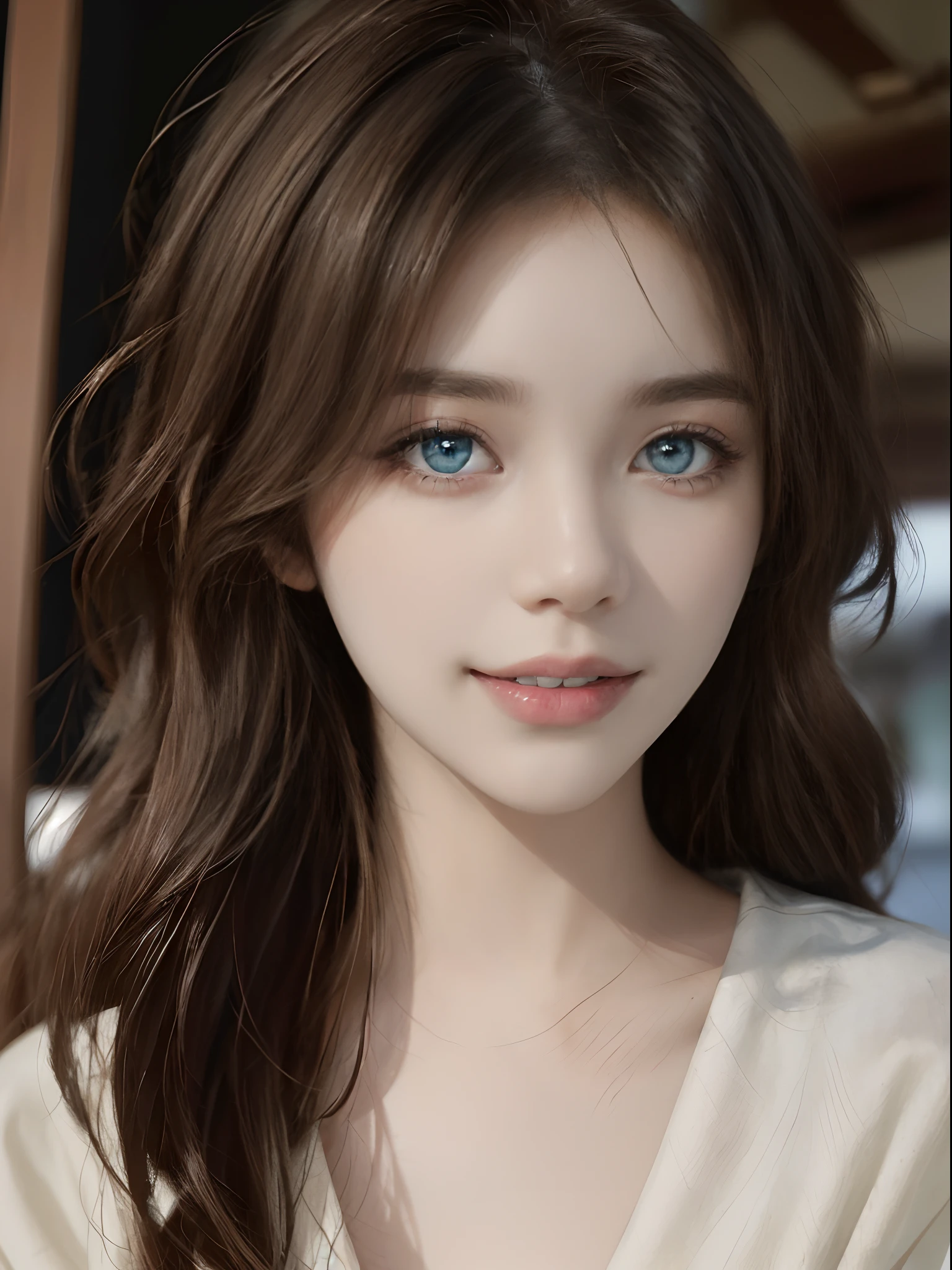 A woman with long hair and blue eyes posing for a picture - SeaArt AI