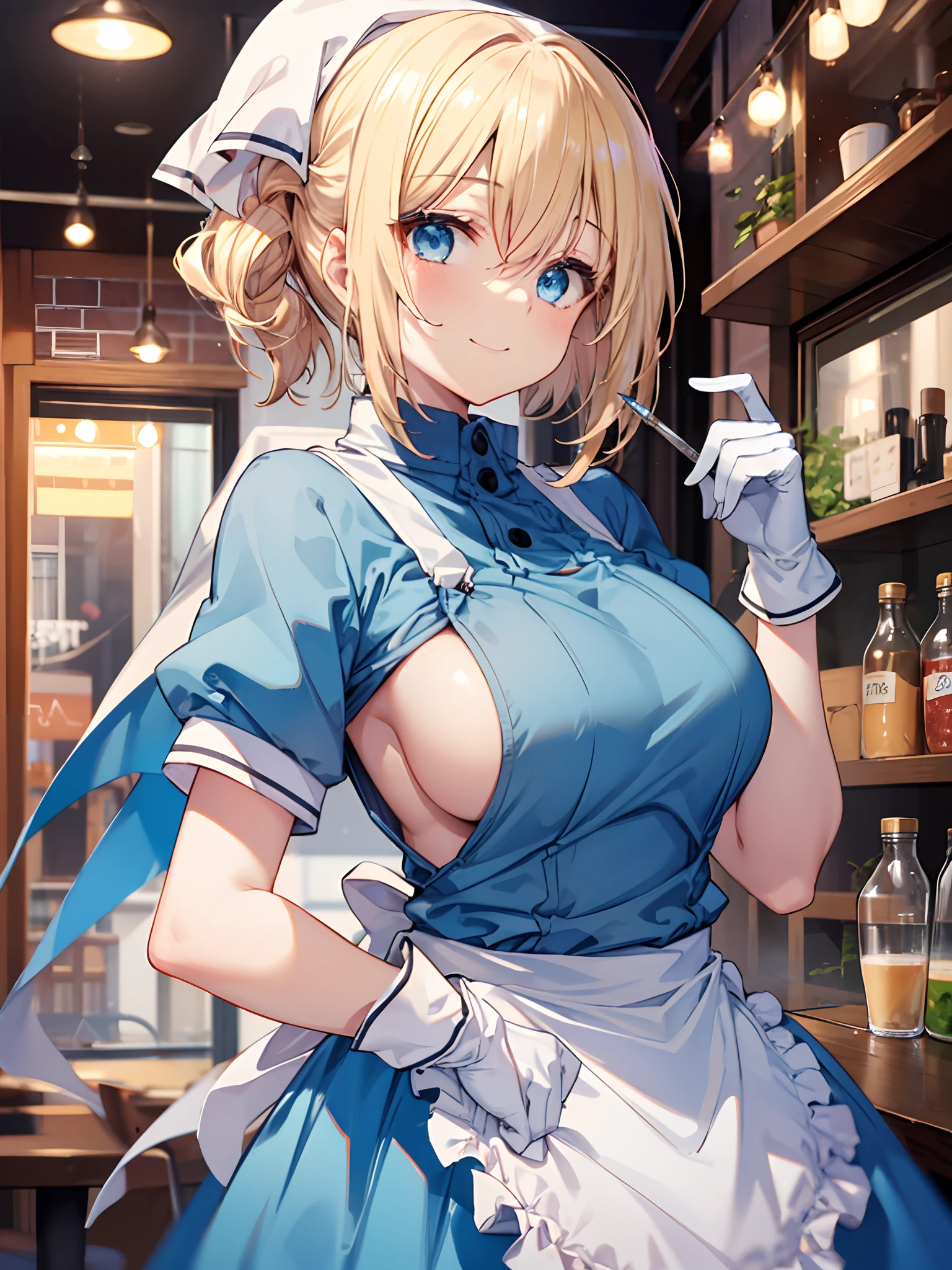 1girl in, (Chiquita:1.2), Kaho Hyuga, a blond, Twin-tailed, woman samurai, Scarf on the head, frilld, Light blue shirt, Waist apron, Puffy Short Sleeves, blueskirt, white glove, large boob, white 襟,
(Close Shot, Best Quality, hight resolution, 4K, Detailed Lighting, Shaders, perfect anatomia, NSFW),
Looking at Viewer,
Smile,
Cafe Background,
