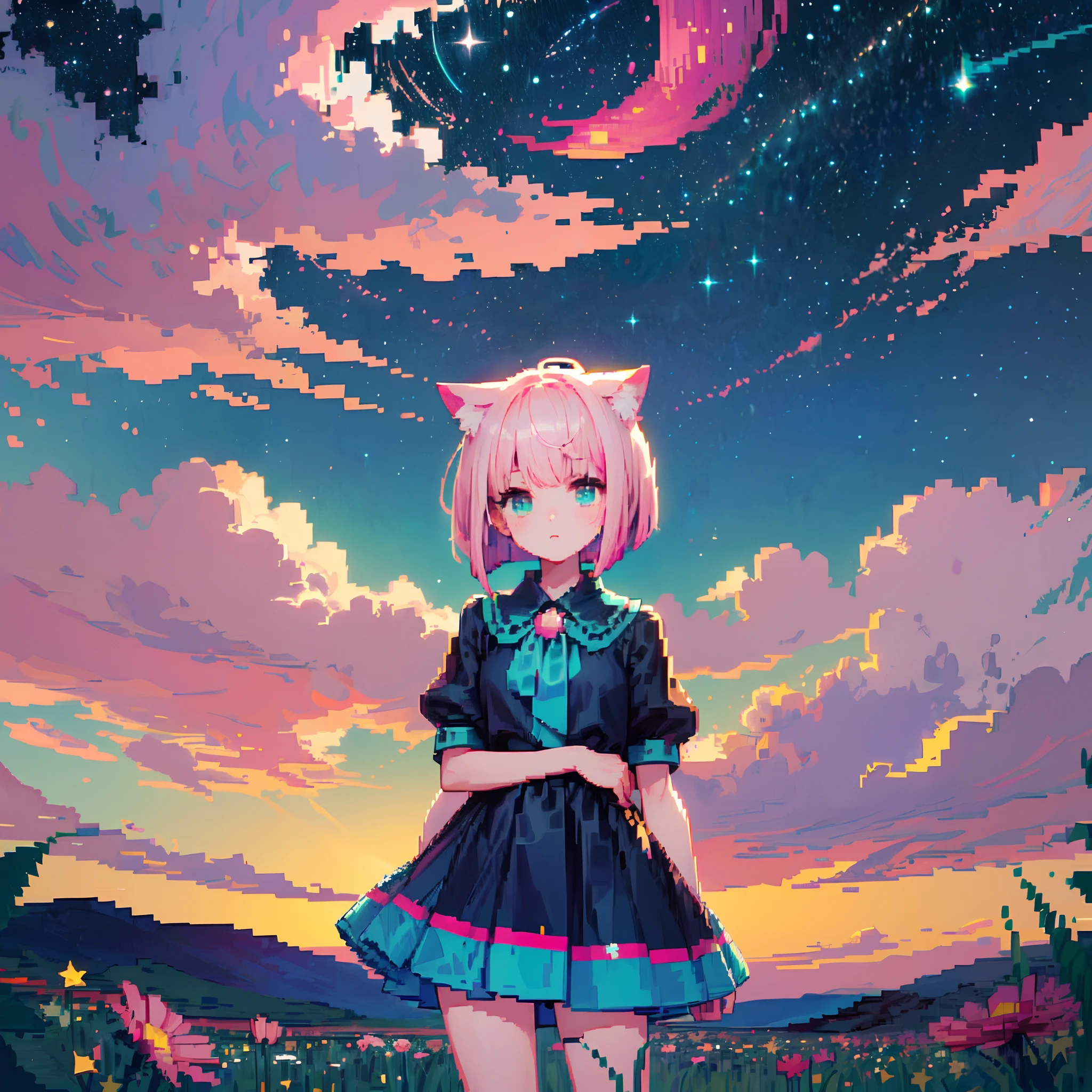 ((in the style of pixel art)), 16-bit, a wide landscape photo, (viewed from below, the ((dark starry night sky)) is above, and the open field is below), 1girl, ((nekomimi)), a distant ((catgirl)) is standing on the flower field with head tilted up, (((short turquoise hair in a wavy bob-cut) with pink highlights)), distant mountains