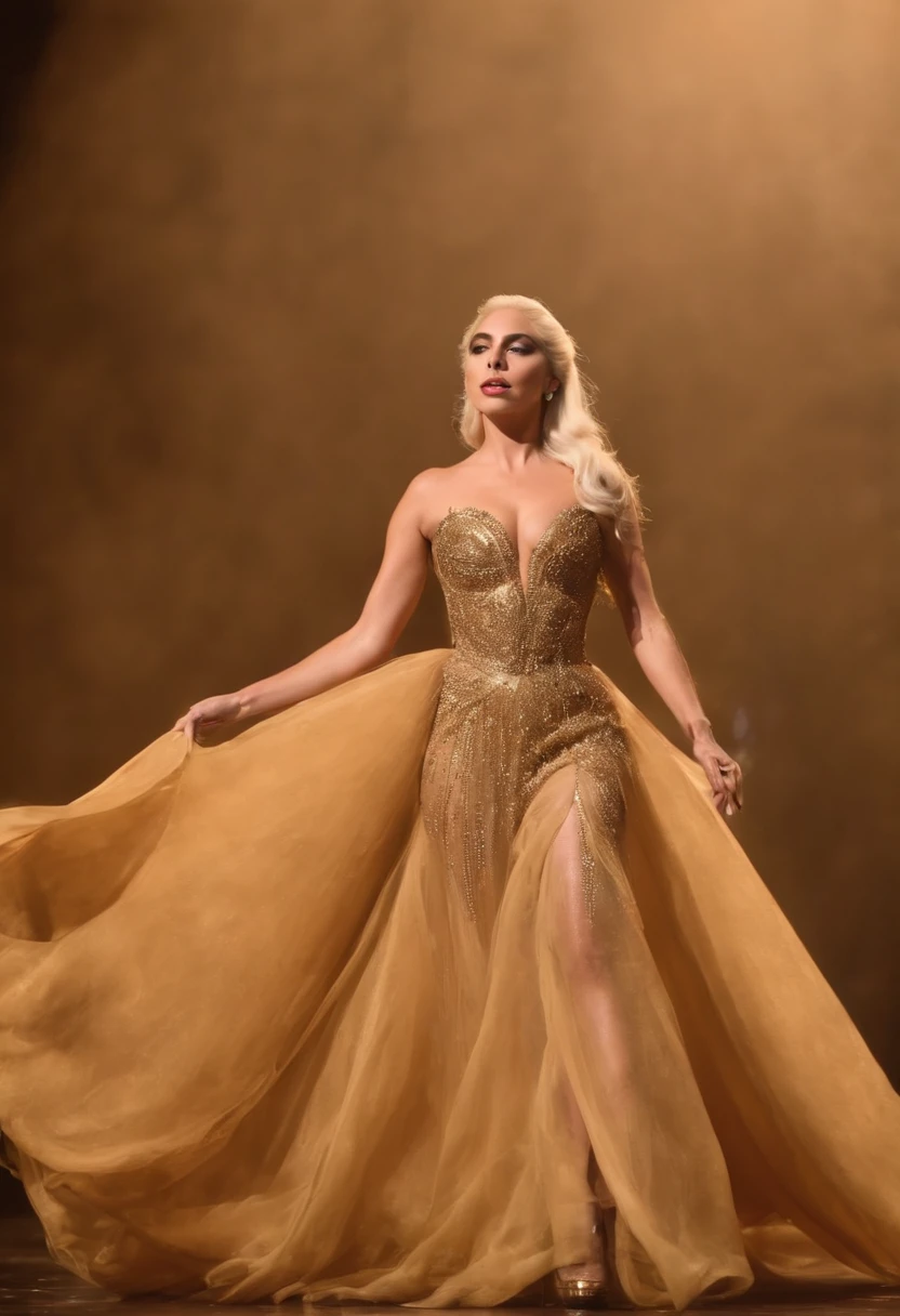 Lady Gaga wearing stunning clothes by Alexander McQueen, dark golden, full body picture, agressive look, gothic, pretty face, floating in the air, singing Bad Romance