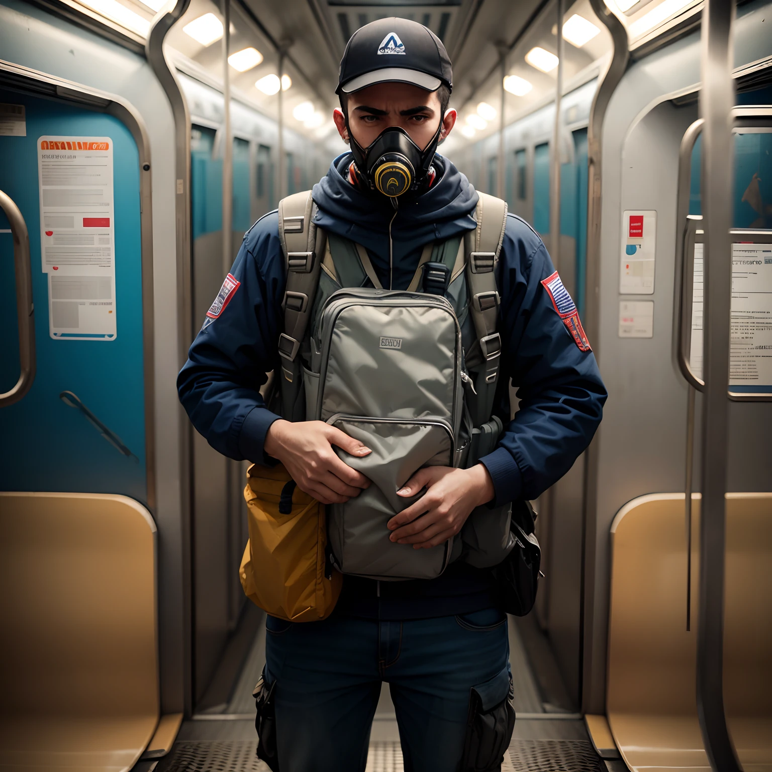 Man wearing respirator mask background of abandoned metro train