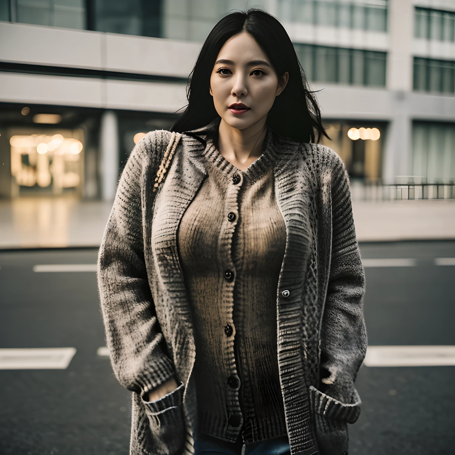 Female in her 30s、On the go、knit Cardigan、glamorous、fully body photo、Shooting from a distance、Photorealsitic、