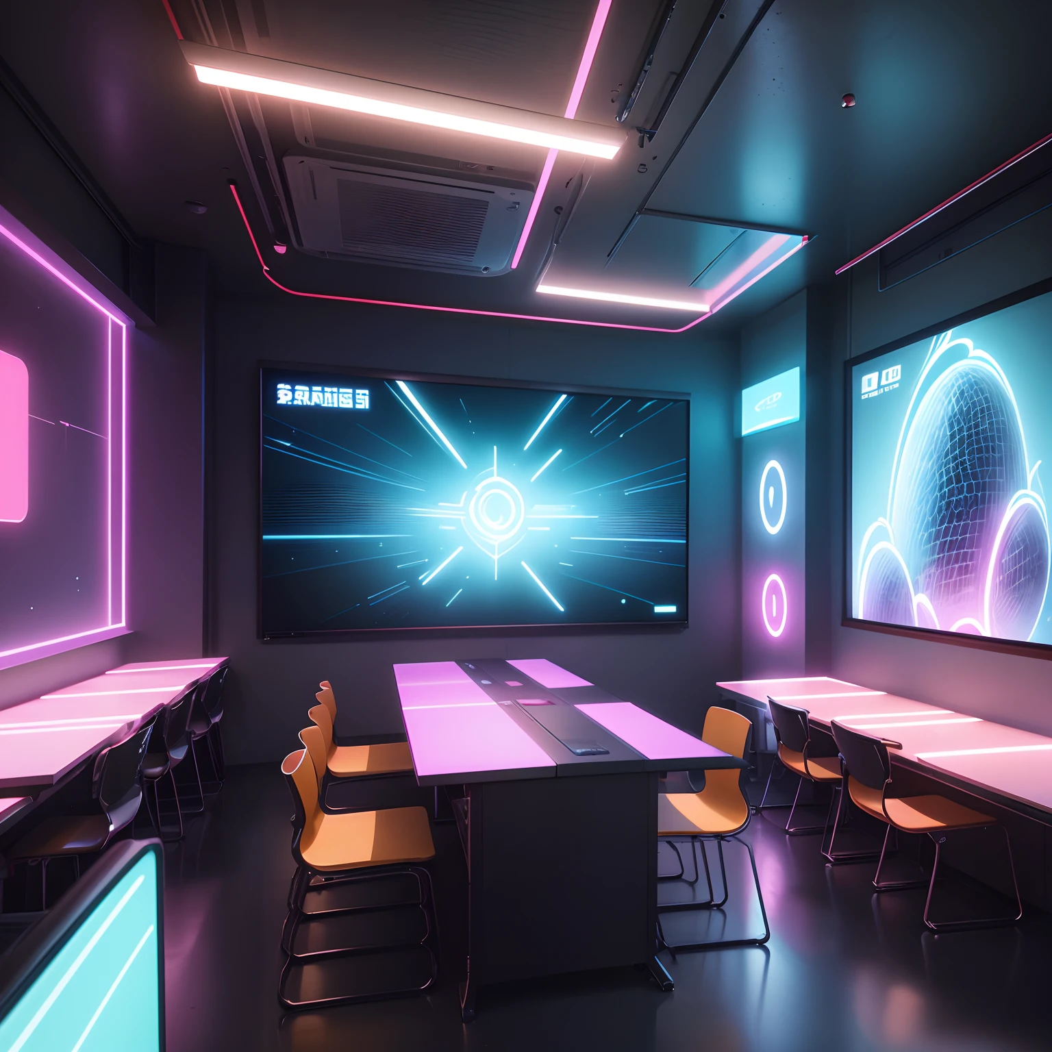 (best quality,4k,highres,masterpiece:1.2),ultra-detailed,realistic:1.37,classroom,futuristic,anime,desktops with screens,empty class,detailed walls,advanced technology,colored lights,giant screen board,life-like shadows,vivid colors,dynamic angles,sharp focus,bokeh,painting-like details,soft lighting,neon highlights,crisp lines,stylized characters,lively atmosphere,immersive environment,modern design,sleek desks,digital interface,interactive elements,high-tech gadgets,artistic rendering,attention to textures,attention to materials,subtle gradients,anime-inspired,translucent reflections,glowing effects,innovative learning spaces. --auto