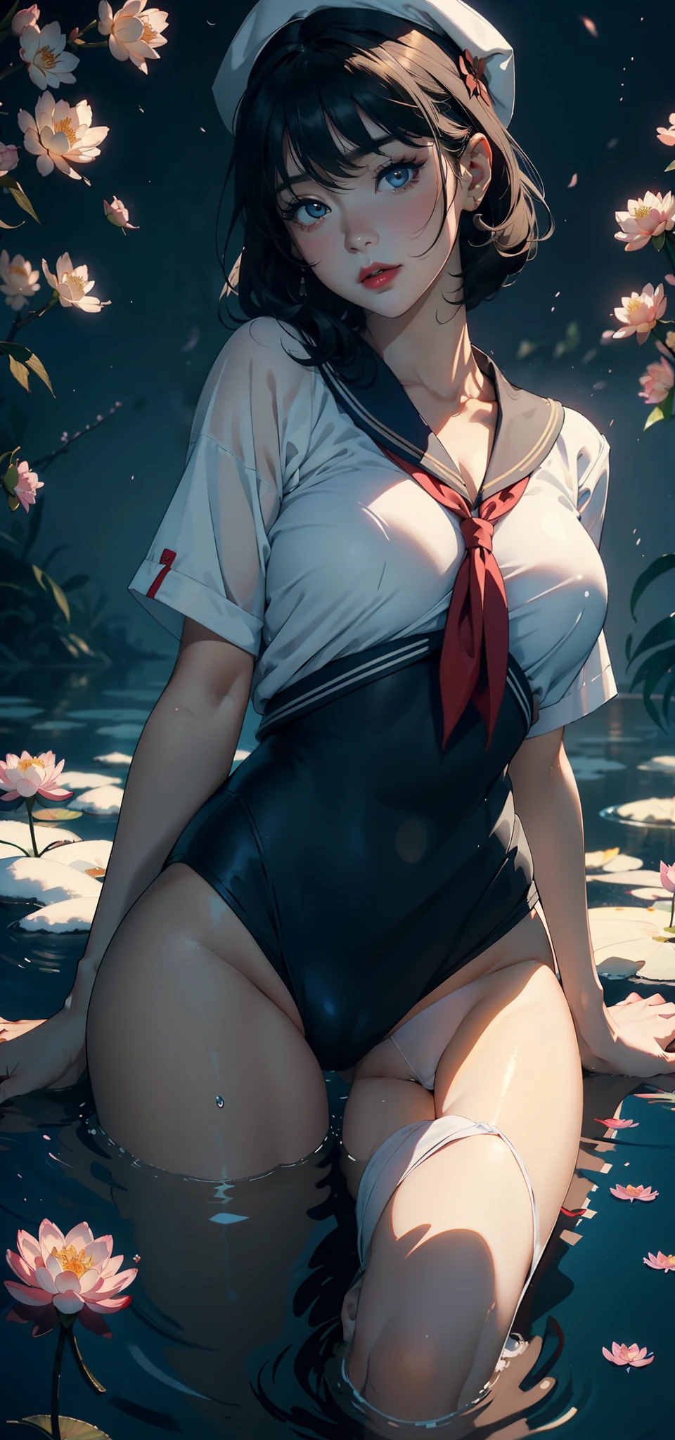 1female，45 yers old，Married Woman，熟妇，plumw，extremely large bosom， 独奏，（Background with：ponds，Cherry blossom forest，lotus flower）Lie underwater， She has short black hair，seen from the front，， mostly cloudy sky，（（（tmasterpiece），（Very detailed CG unity 8K wallpaper），best qualtiy，cinmatic lighting，detailed back ground，beatiful detailed eyes，Bright pupils，Black eyes，Snow-whiteskin，Redlip（Very fine and beautiful），（Beautiful and detailed eye description），ultra - detailed，tmasterpiece，））facing at camera，A high resolution，ultra - detailed），revealing breasts，Bare genitalia，  Bulge，legs are open，Raised sexy，Camel toes，Desire for dissatisfaction，frontage，Chinese （Wearing：校服，Sailor's cap，Transparent sailor uniform，Bare ，）