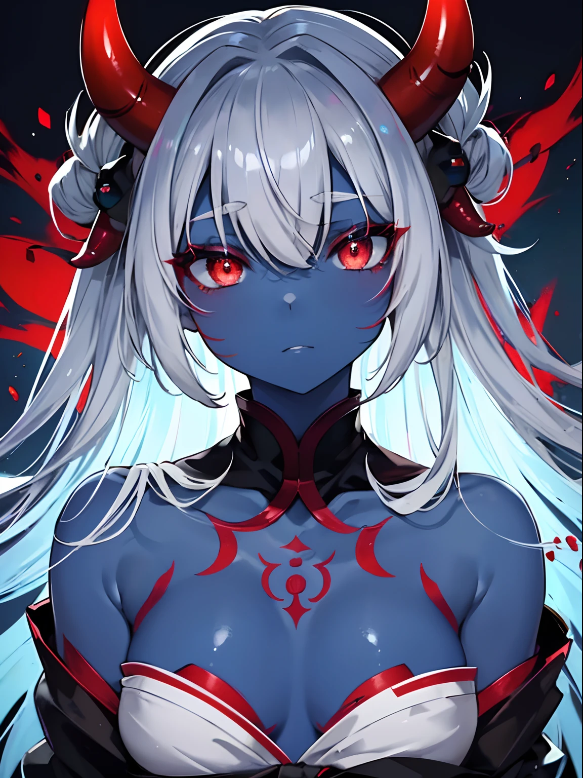 (Masterpiece, Best quality, ultra high resolution),2girl,((oni girl 👹)),(colored skin,red skin),,(colored skin blue skin),beautiful and detailed face, detailed eyes, glowing eyes, looking at the viewer,(grey theme)