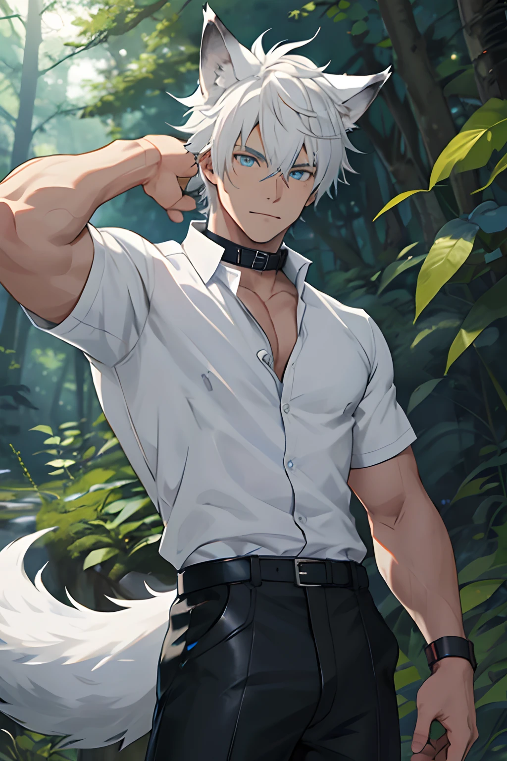 athletic male, has loose white hair, has wolf ears, has wolf tail, shirt, playful, alone, has bright blue eyes, in nature, with leather collar