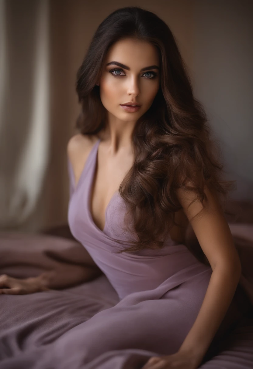 Arafed woman completely , fille sexy aux yeux bruns, ultra realist, Meticulously detailed, Portrait Sophie Mudd, cheveux bruns et grands yeux, selfie of a young woman, Dubai Eyes, Violet Myers, sans maquillage, maquillage naturel, looking straight at camera, Visage avec Artgram, Maquillage subtil, Great photo of the whole body kneeling on the bed, dans la chambre, Medium to large bust