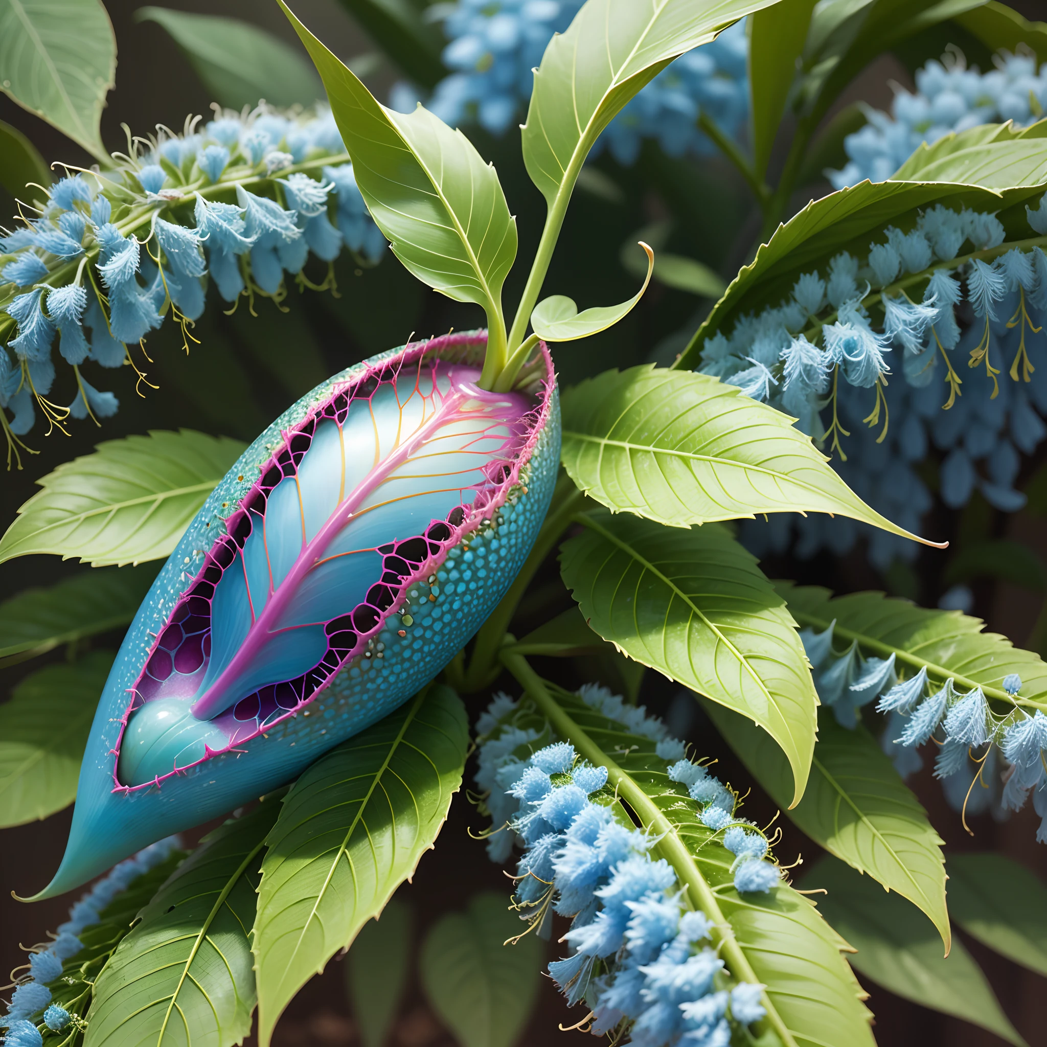 Magical carnivorous plant that has a bright blue cocoon in the middle. Around the plant, there are several branches full of white and blue leaves. --auto --s2