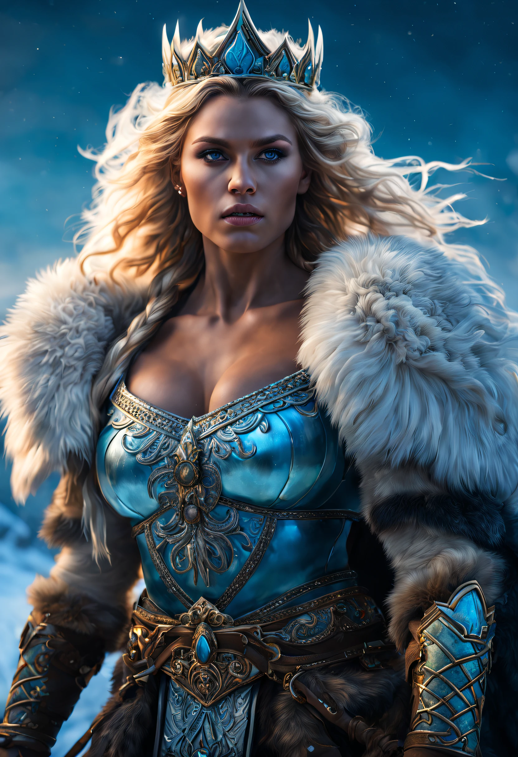 (best quality,4k,8k,highres,masterpiece:1.2),ultra-detailed,(realistic,photorealistic,photo-realistic:1.37),barbarian queen,beautiful detailed blonde woman,wild fierce warrior queen, icy tundra, snow-covered landscape,glowing aurora borealis, majestic mountains,frigid winds, regal presence, flowing golden hair, piercing blue eyes, fierce expression, fur-lined armor, ornate crown, dominant,possession of power,strong determination, muscle definition and strength, bold and confident stance,awakening strength, mysterious atmosphere,moonlit sky, ethereal beauty