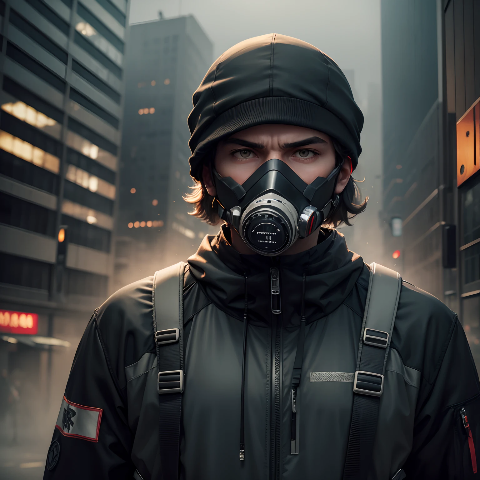 Man wearing respirator mask background city atmosphere fog and gray sky
