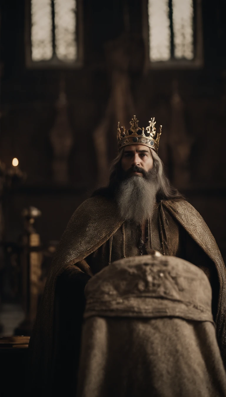 um rei loiro. com veste de rei. Epoch of Alegandre the Great. imagem expressiva de seu rosto. king's crown on the head