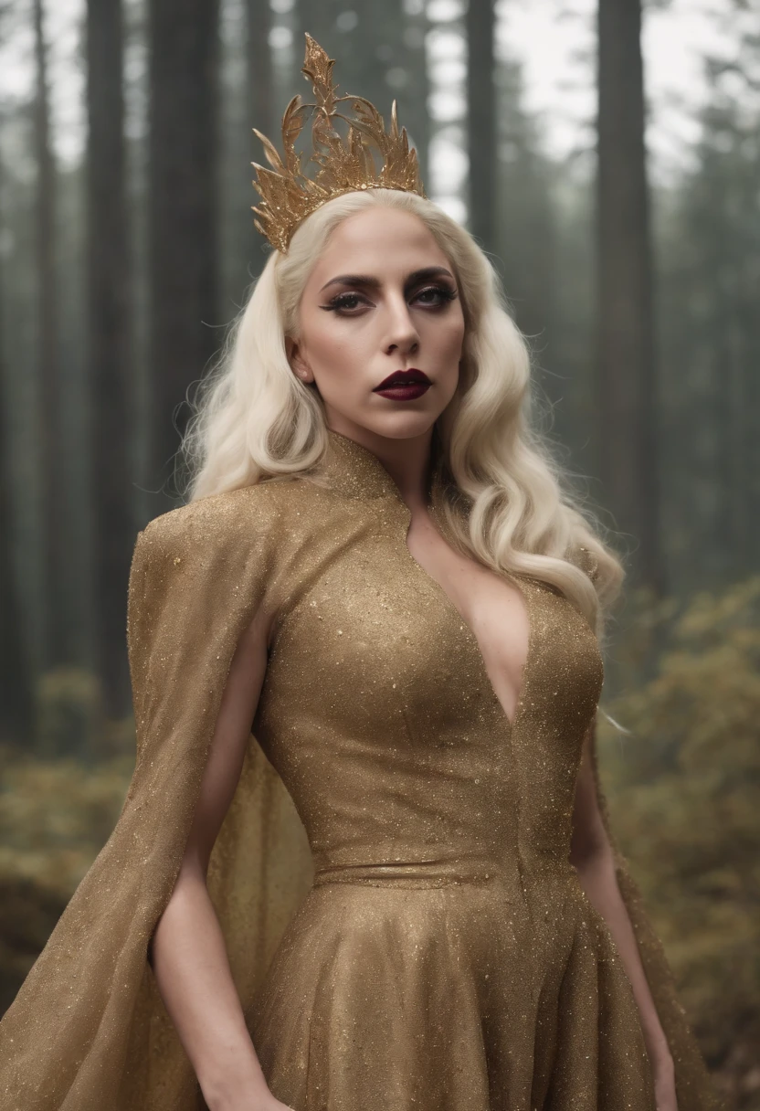 Lady Gaga wearing stunning clothes by Alexander McQueen, dark golden, full body picture, agressive look, gothic, pretty face, forest, the fame monster