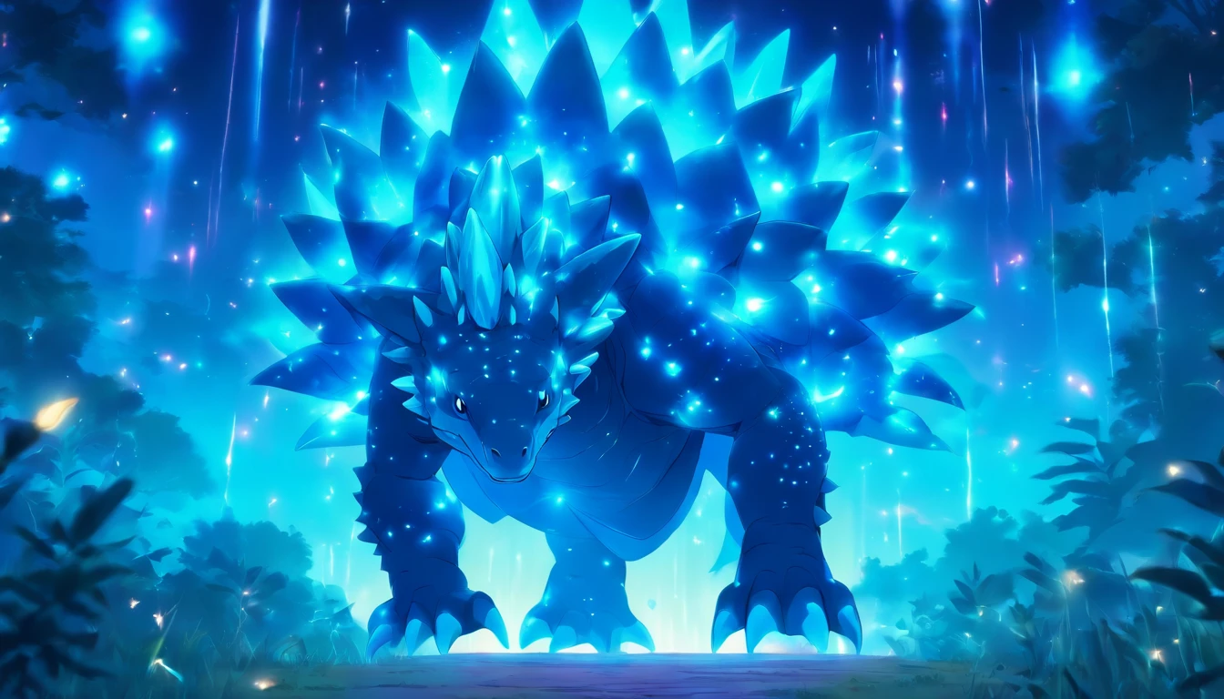 Stegosaurus, deep teal blue with a luminescent light blue glow, light blue lines, glowing iridescent orbs all around, Dancing Lights, masterpiece, best quality