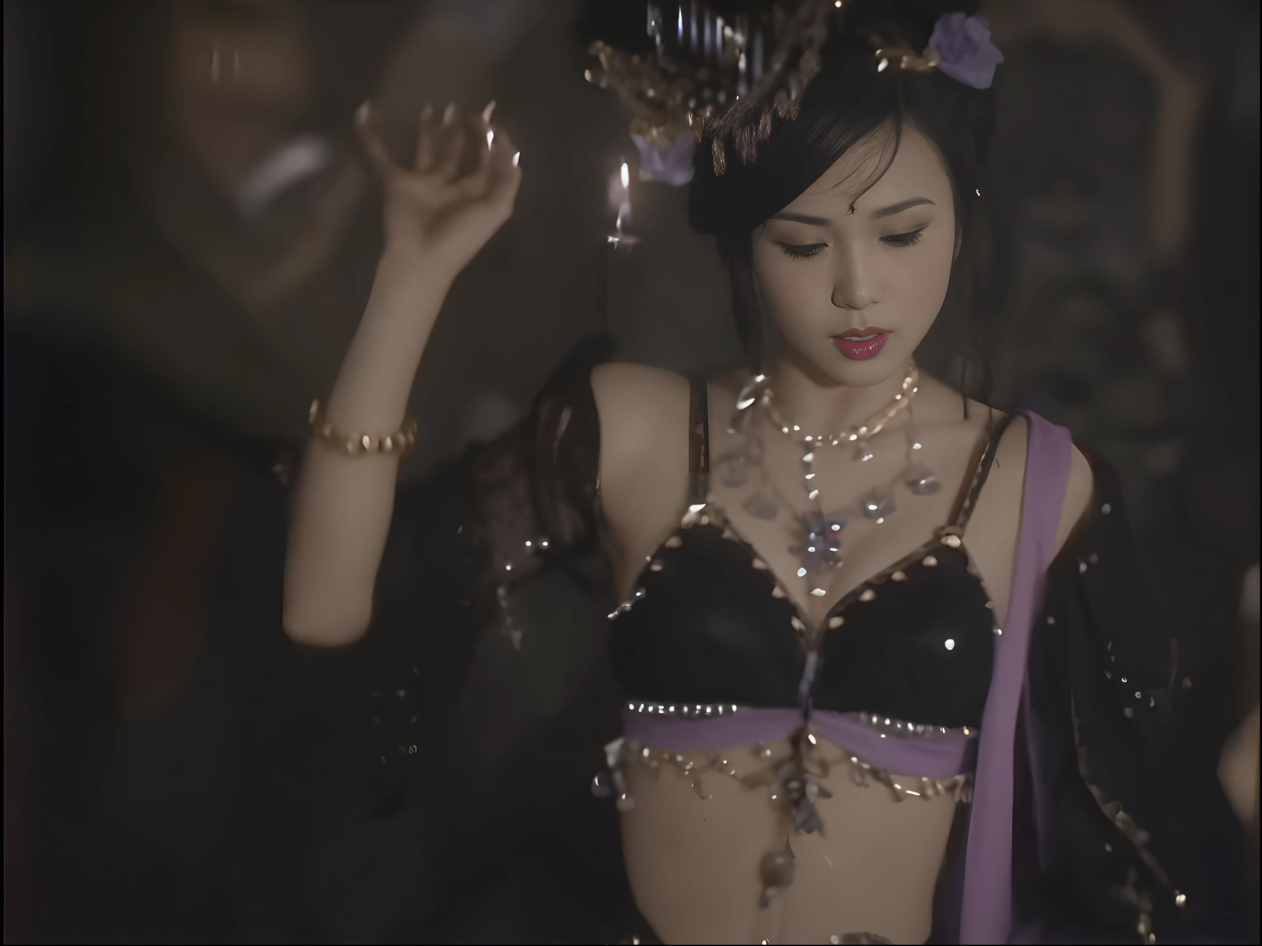 There is a witch succubus in a belly dancing bikini costume,heavy makeups,Extra-long nails on both hands,Enchanting and sexy,seducing people,scowling,Riding on men,Just about to scratch someone with long nails,cannibalism,vicious, Lewd expression,ssmile,Black bra bikini belly dance costume,There is a purple streamer under the bra,There are pendant decorations under the bikini,cropped shoulders,open waist,Bare neck,Eyes seductive,climaxing,Big chest,Exposing large areas of skin,There is hooked hair on the left cheek,Both hands have yellow bracelets on their wrists,With beaded video and purple band,scene from kagemusha, submerged temple dance scene, fantasy movie still, japanese horror movie footage, 1080p, movie screencap, Underworld dancer, goth people dancing, movie screen shot