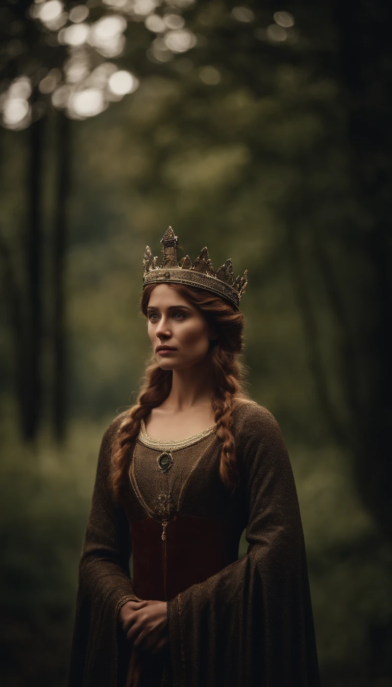rei de 20 anos. crown on her head. cenario medieval