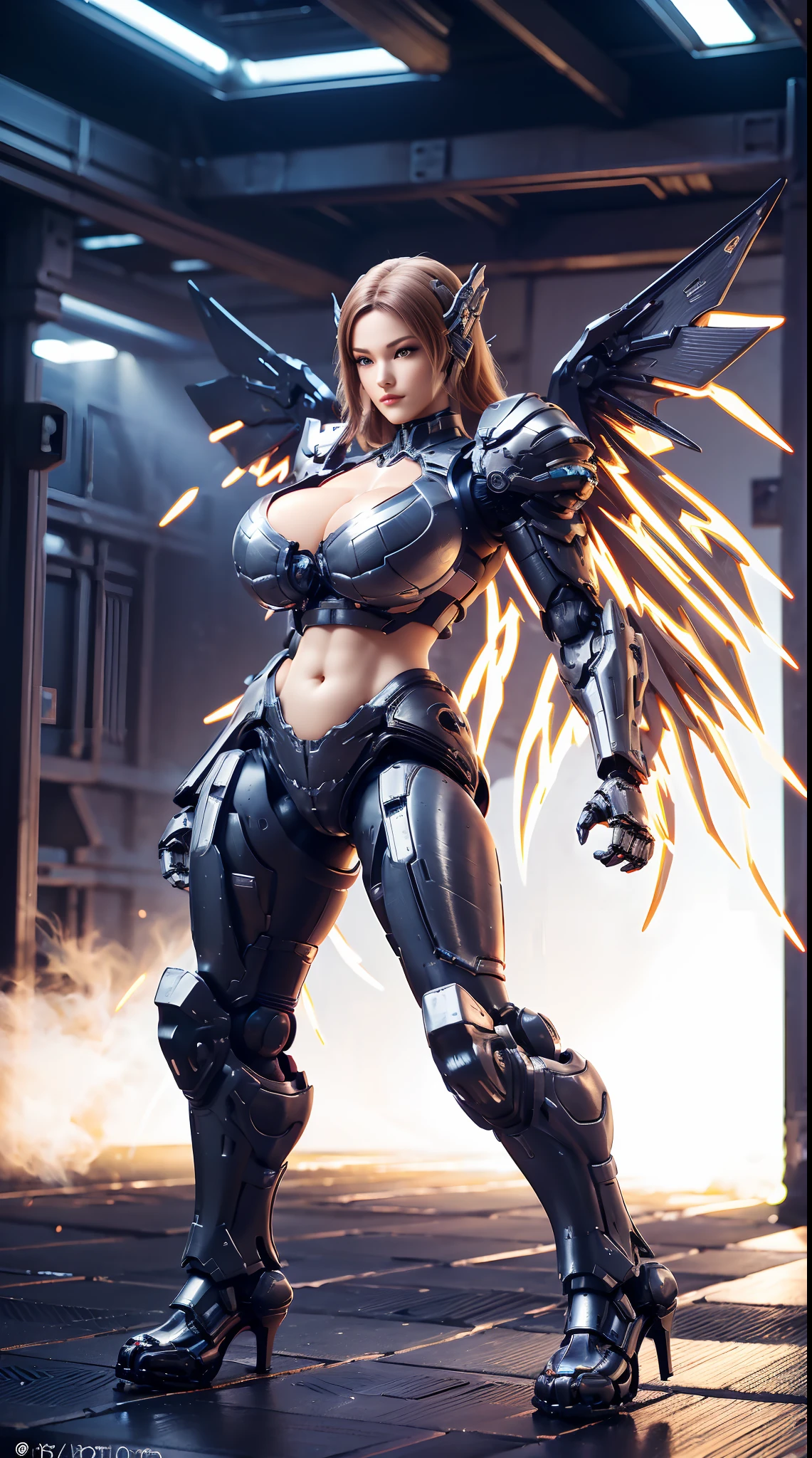 HUGE FAKE BOOBS, (BEAUTIFUL FACE, (BLACK:1, WHITE:0.8, RGB:1), (CROP TOP MECHA ARMORED GEAR), (((A PAIR OF HUGE MECHANICAL WINGS SPREAD OUT))), FUTURISTIC DRAGON MECHA SUIT, (CLEAVAGE), (SKINTIGHT YOGA PANTS), (PERFECT BODY:1.2), (FULL BODY VIEW), FRONT, (STANDING:1), (MECHANICAL HIGH HEELS), MUSCLE ABS, UHD, 8K, 1080P.