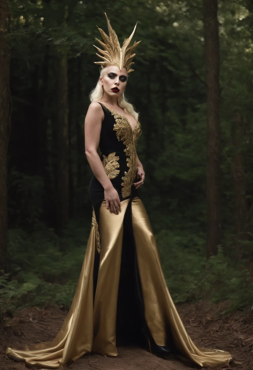 Lady Gaga wearing stunning clothes by Alexander McQueen, dark golden and black, full body picture, aggressive look, gothic, pretty face, anatomically correct, forest, the fame monster, by steven klein, dark lighting