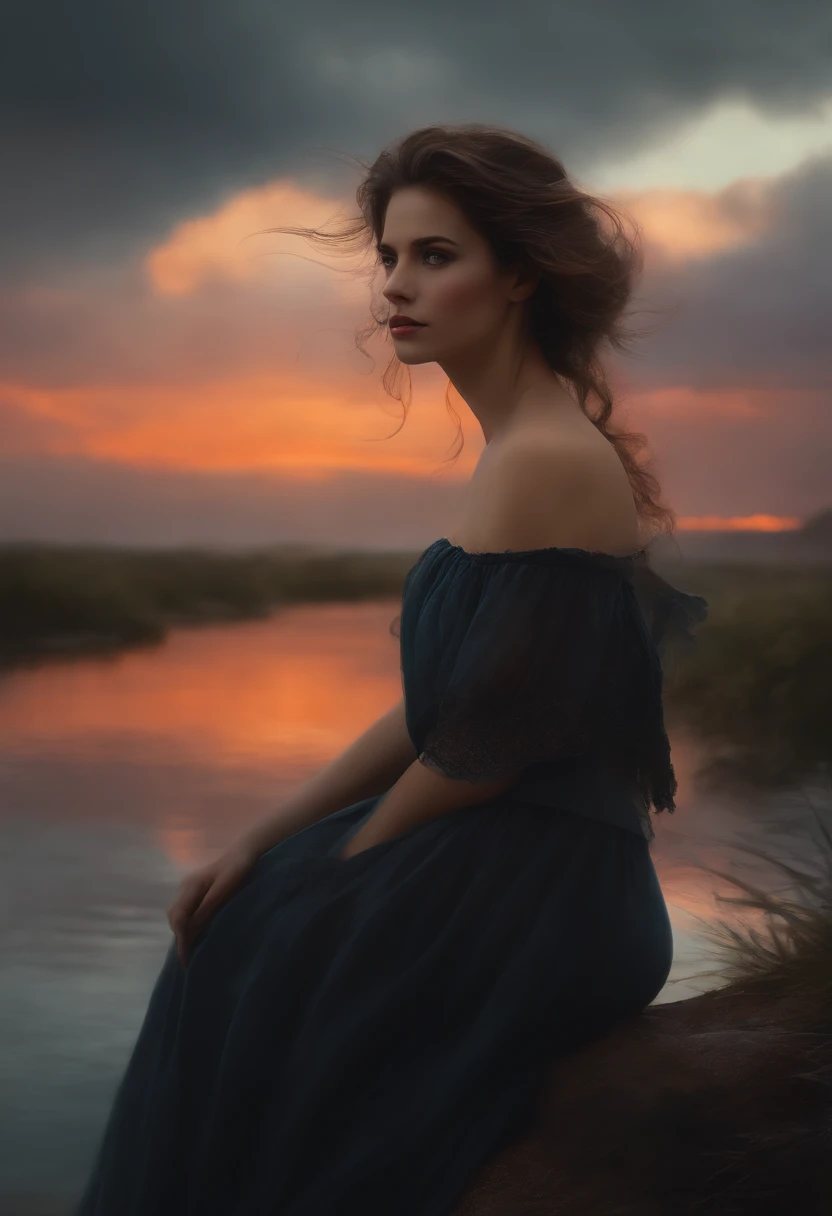 (Masterpiece), anime, Best quality，(photo_(Douleur moyenne):1.0), par Antonio J. Manzanedo, par Jeremy Lipking, lightening, in a surreal landscape, water colour painting style, Caresser, yeux noirs,colourfull，Vibrant colors,1fille